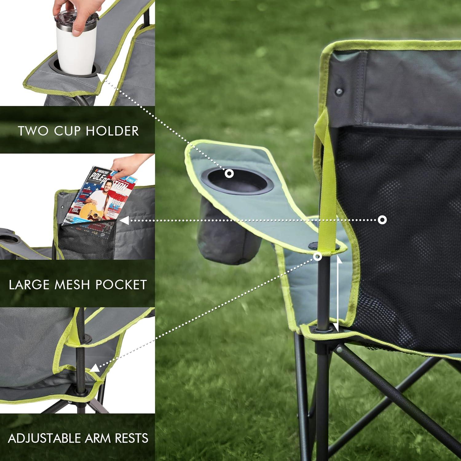 image:imageVILLEY Double Camping Chair Extra Wide Loveseat Heavy Duty Padded Camping Couch Portable Folding Camp Chair wCarry Bag Steel Frame Cup Holders for Camping Lawn Picnic Sports Supports 500 LBSGreen