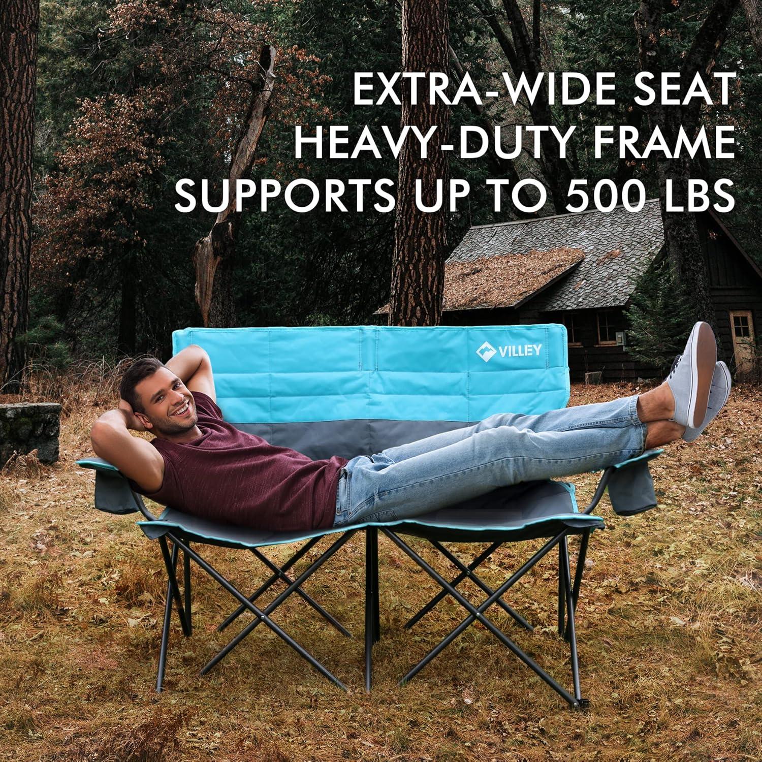 image:imageVILLEY Double Camping Chair Extra Wide Loveseat Heavy Duty Padded Camping Couch Portable Folding Camp Chair wCarry Bag Steel Frame Cup Holders for Camping Lawn Picnic Sports Supports 500 LBSBlue