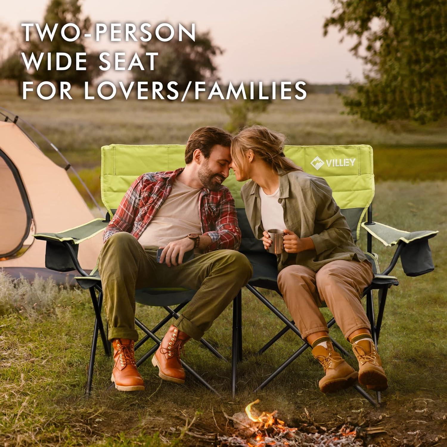 image:imageVILLEY Double Camping Chair Extra Wide Loveseat Heavy Duty Padded Camping Couch Portable Folding Camp Chair wCarry Bag Steel Frame Cup Holders for Camping Lawn Picnic Sports Supports 500 LBSGreen