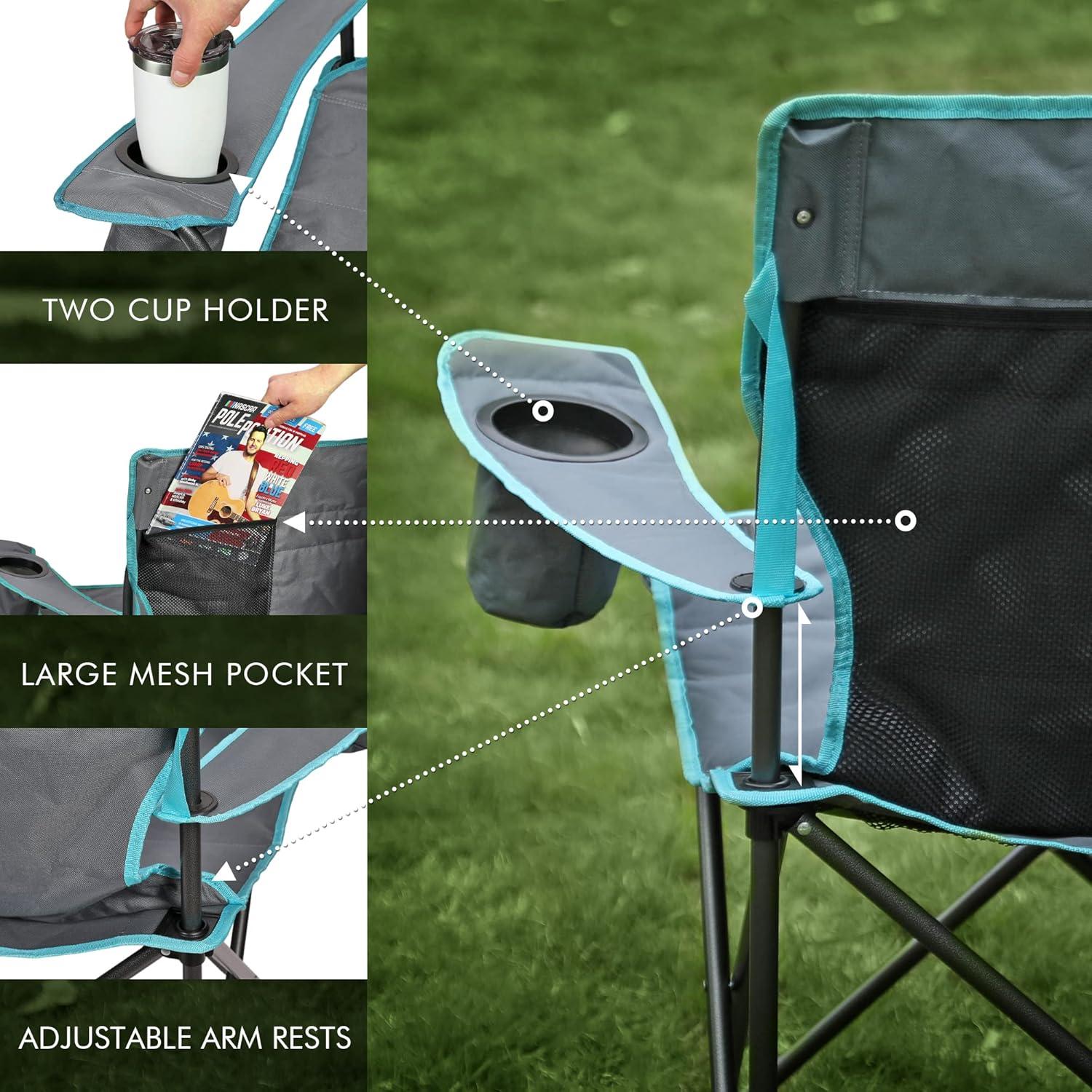 image:imageVILLEY Double Camping Chair Extra Wide Loveseat Heavy Duty Padded Camping Couch Portable Folding Camp Chair wCarry Bag Steel Frame Cup Holders for Camping Lawn Picnic Sports Supports 500 LBSBlue