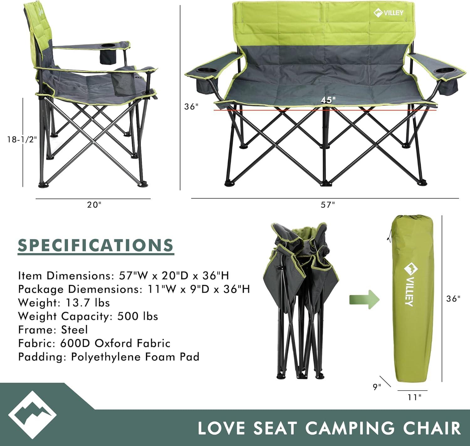 image:imageVILLEY Double Camping Chair Extra Wide Loveseat Heavy Duty Padded Camping Couch Portable Folding Camp Chair wCarry Bag Steel Frame Cup Holders for Camping Lawn Picnic Sports Supports 500 LBSGreen