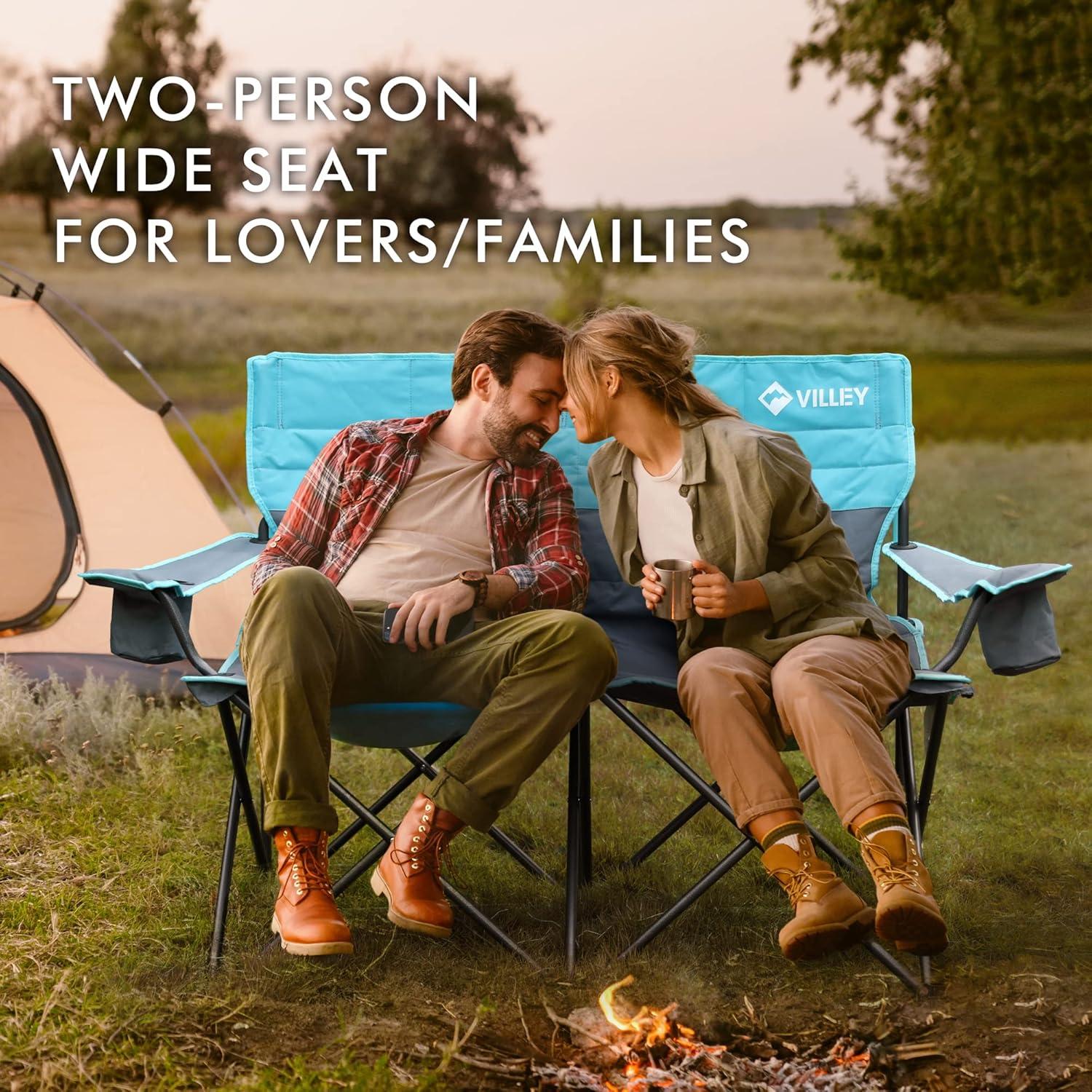 image:imageVILLEY Double Camping Chair Extra Wide Loveseat Heavy Duty Padded Camping Couch Portable Folding Camp Chair wCarry Bag Steel Frame Cup Holders for Camping Lawn Picnic Sports Supports 500 LBSBlue