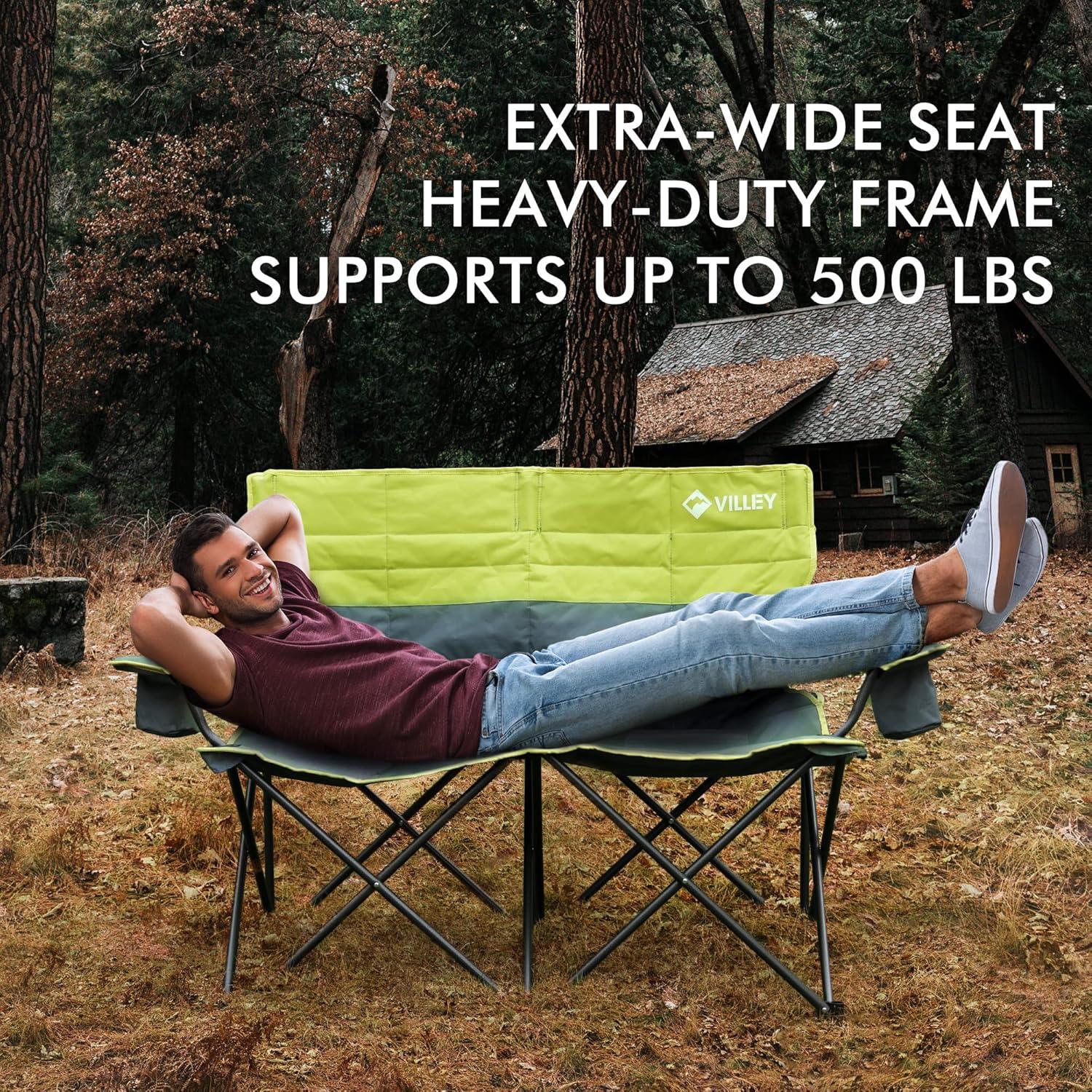 image:imageVILLEY Double Camping Chair Extra Wide Loveseat Heavy Duty Padded Camping Couch Portable Folding Camp Chair wCarry Bag Steel Frame Cup Holders for Camping Lawn Picnic Sports Supports 500 LBSGreen