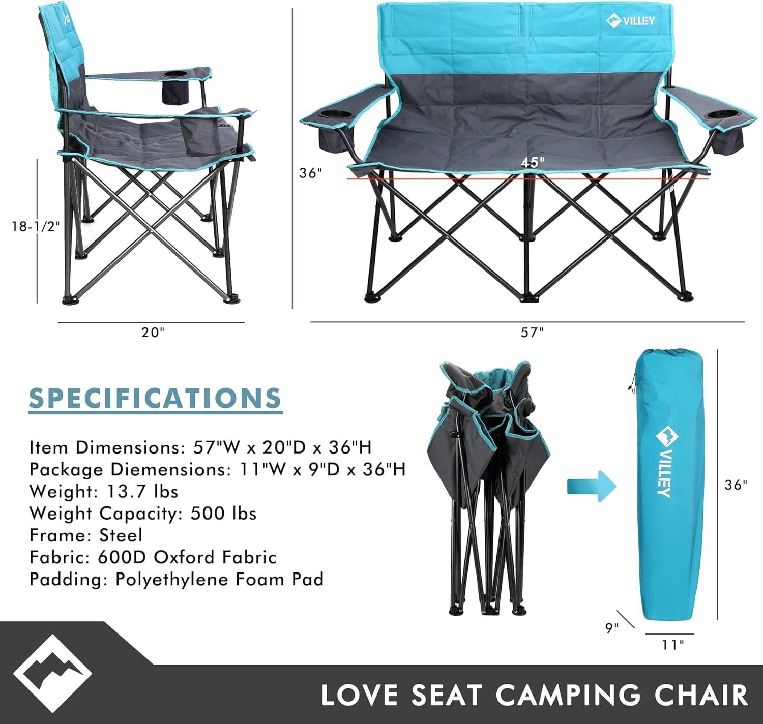 image:imageVILLEY Double Camping Chair Extra Wide Loveseat Heavy Duty Padded Camping Couch Portable Folding Camp Chair wCarry Bag Steel Frame Cup Holders for Camping Lawn Picnic Sports Supports 500 LBSBlue