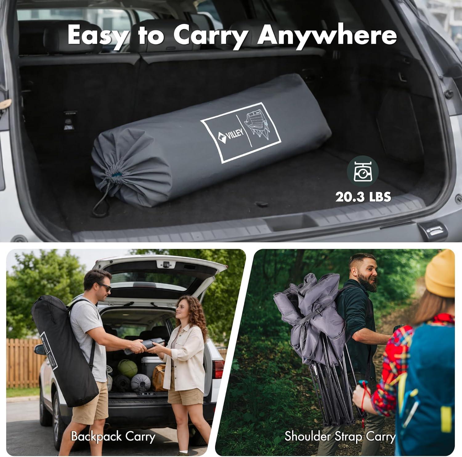image:imageVILLEY Double Camping Chair wCooler Bag Extra Wide Loveseat Heavy Duty Padded Camping Couch Portable Folding Chair wCarry Bag Steel Frame Cup Holders for Camp Lawn Picnic Sports Support 600LBSGrey