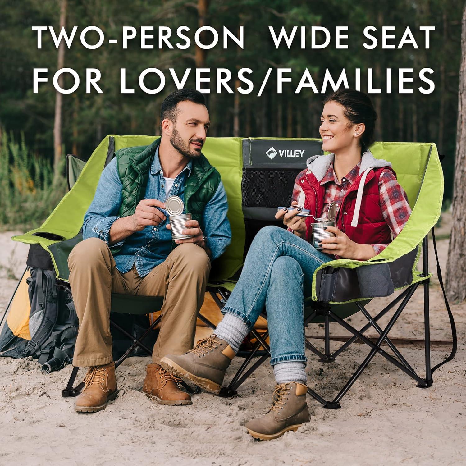 image:imageVILLEY Double Camping Chair wCooler Bag Extra Wide Loveseat Heavy Duty Padded Camping Couch Portable Folding Chair wCarry Bag Steel Frame Cup Holders for Camp Lawn Picnic Sports Support 600LBSGreen