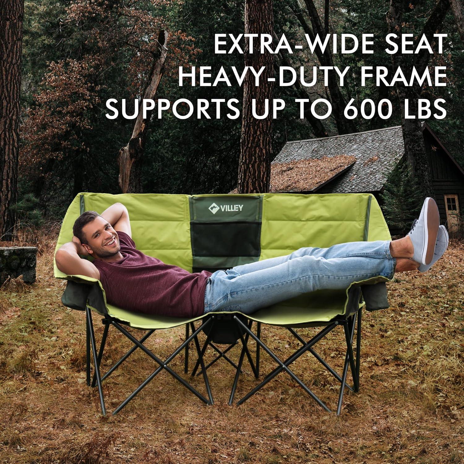 image:imageVILLEY Double Camping Chair wCooler Bag Extra Wide Loveseat Heavy Duty Padded Camping Couch Portable Folding Chair wCarry Bag Steel Frame Cup Holders for Camp Lawn Picnic Sports Support 600LBSGreen