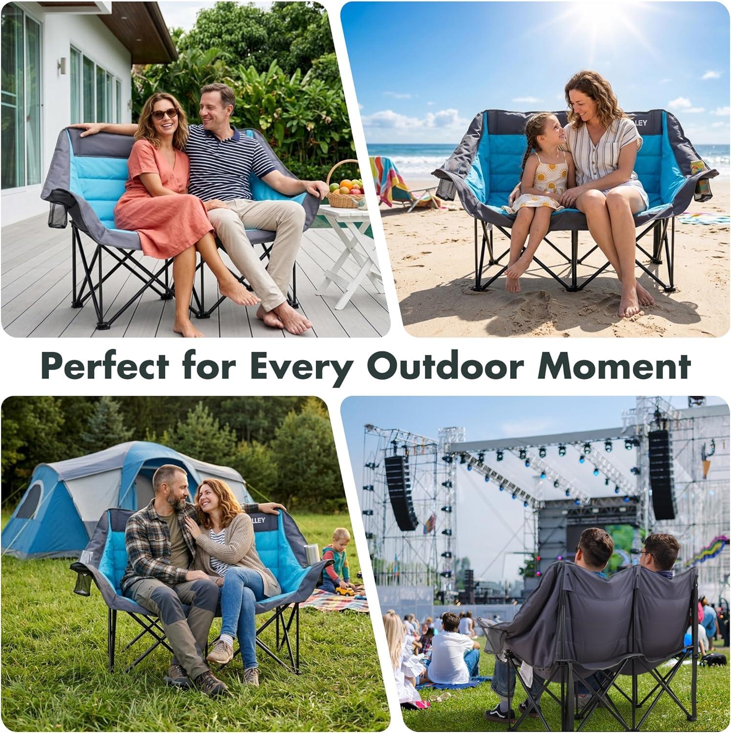 image:imageVILLEY Double Camping Chair wCooler Bag Extra Wide Loveseat Heavy Duty Padded Camping Couch Portable Folding Chair wCarry Bag Steel Frame Cup Holders for Camp Lawn Picnic Sports Support 600LBSBlue