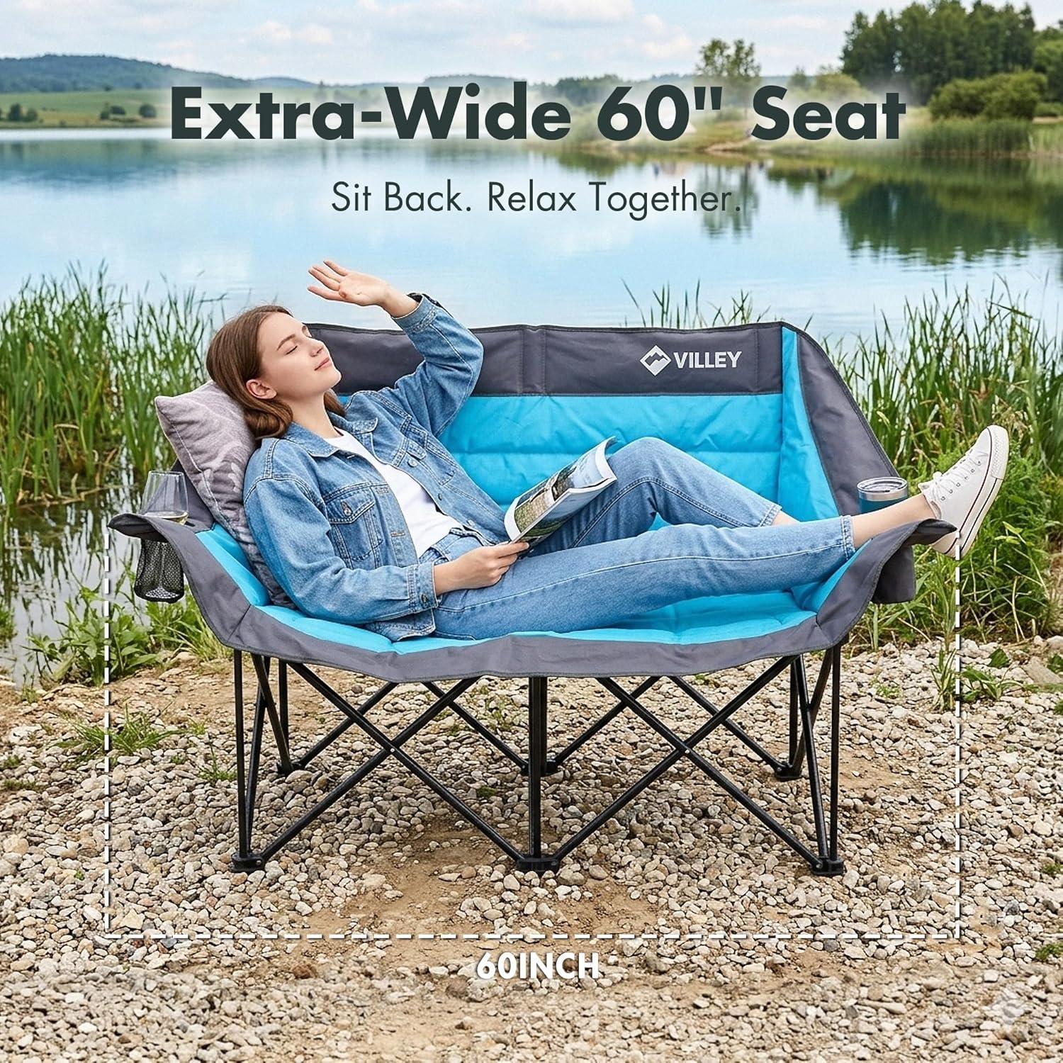 image:imageVILLEY Double Camping Chair wCooler Bag Extra Wide Loveseat Heavy Duty Padded Camping Couch Portable Folding Chair wCarry Bag Steel Frame Cup Holders for Camp Lawn Picnic Sports Support 600LBSBlue