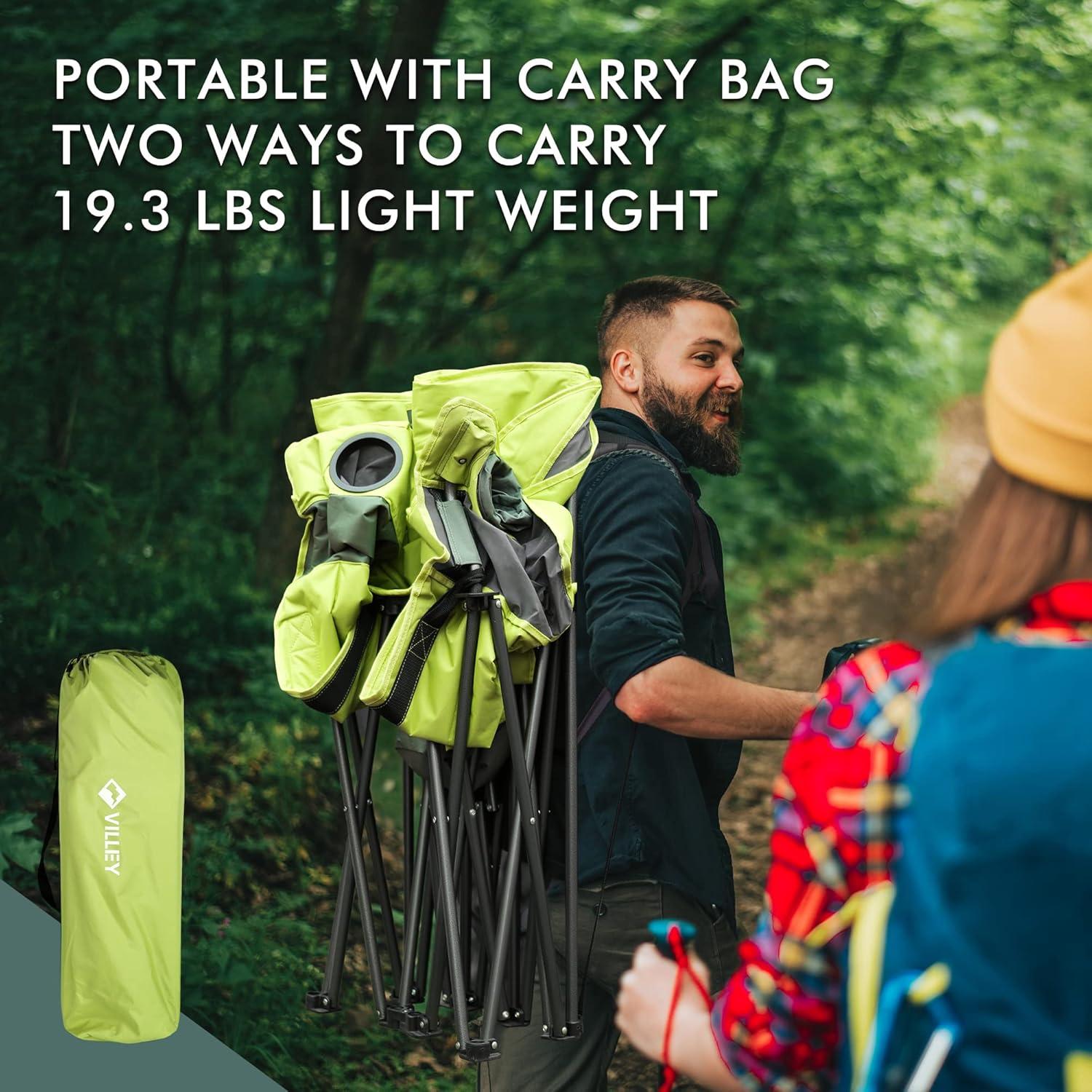 image:imageVILLEY Double Camping Chair wCooler Bag Extra Wide Loveseat Heavy Duty Padded Camping Couch Portable Folding Chair wCarry Bag Steel Frame Cup Holders for Camp Lawn Picnic Sports Support 600LBSGreen
