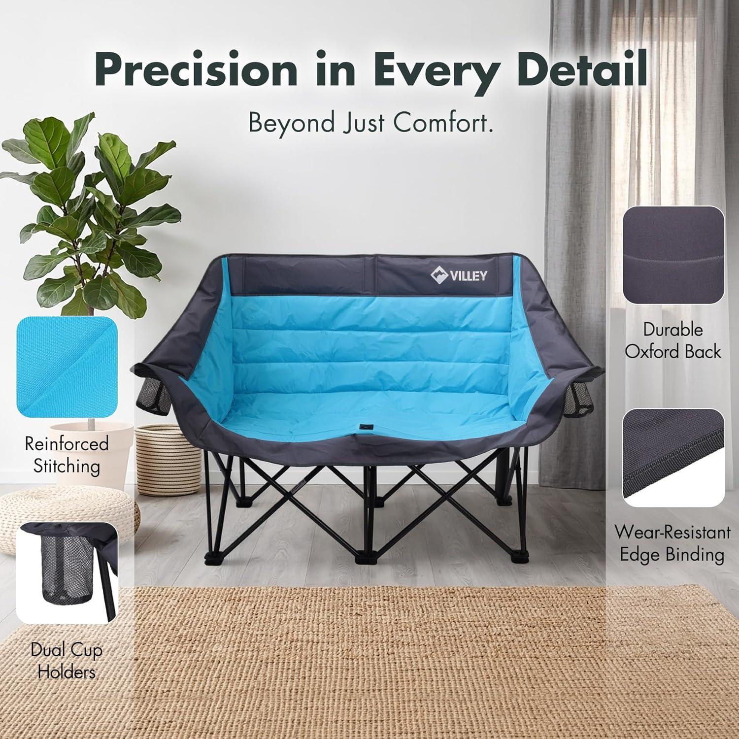 image:imageVILLEY Double Camping Chair wCooler Bag Extra Wide Loveseat Heavy Duty Padded Camping Couch Portable Folding Chair wCarry Bag Steel Frame Cup Holders for Camp Lawn Picnic Sports Support 600LBSBlue