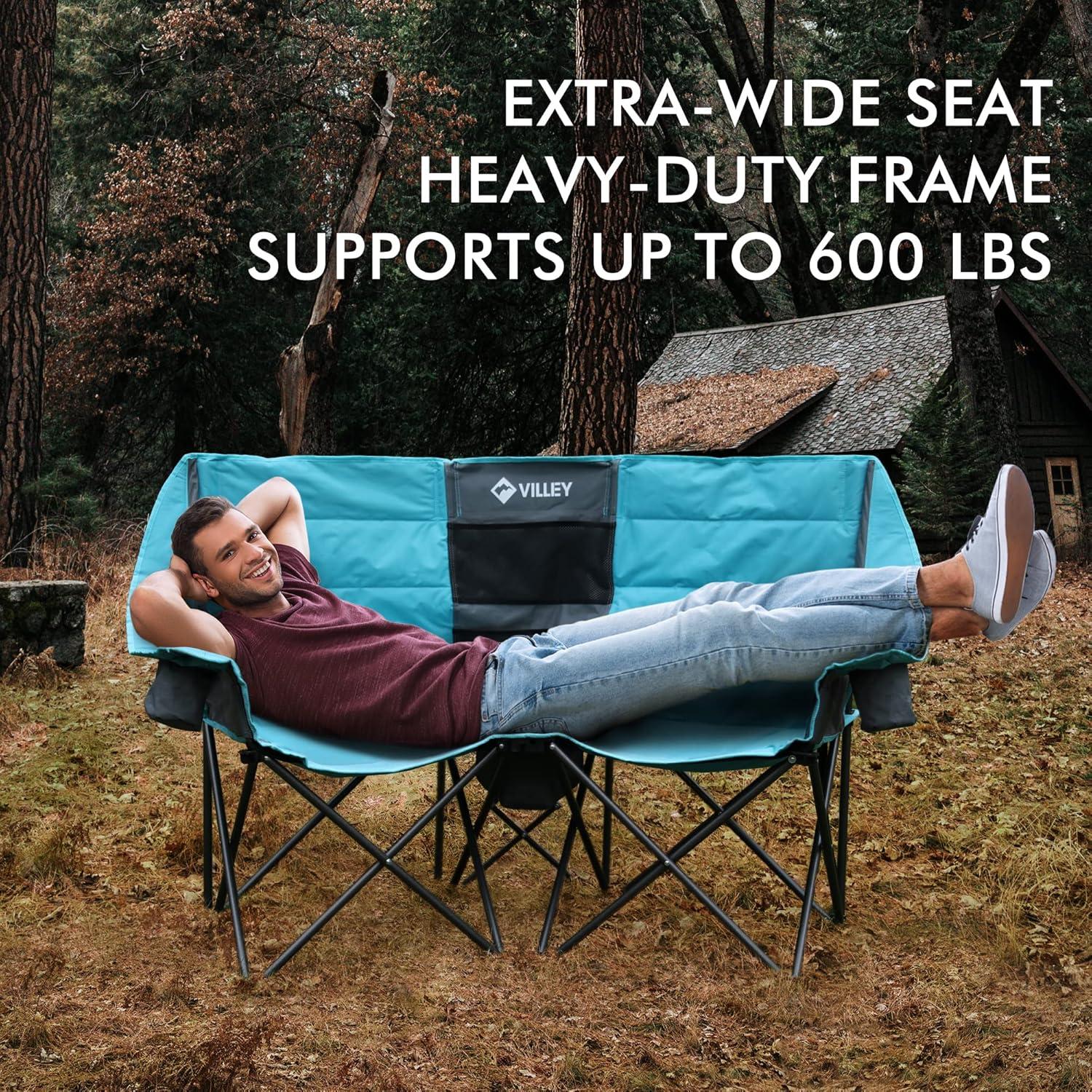 image:imageVILLEY Double Camping Chair wCooler Bag Extra Wide Loveseat Heavy Duty Padded Camping Couch Portable Folding Chair wCarry Bag Steel Frame Cup Holders for Camp Lawn Picnic Sports Support 600LBSBlue