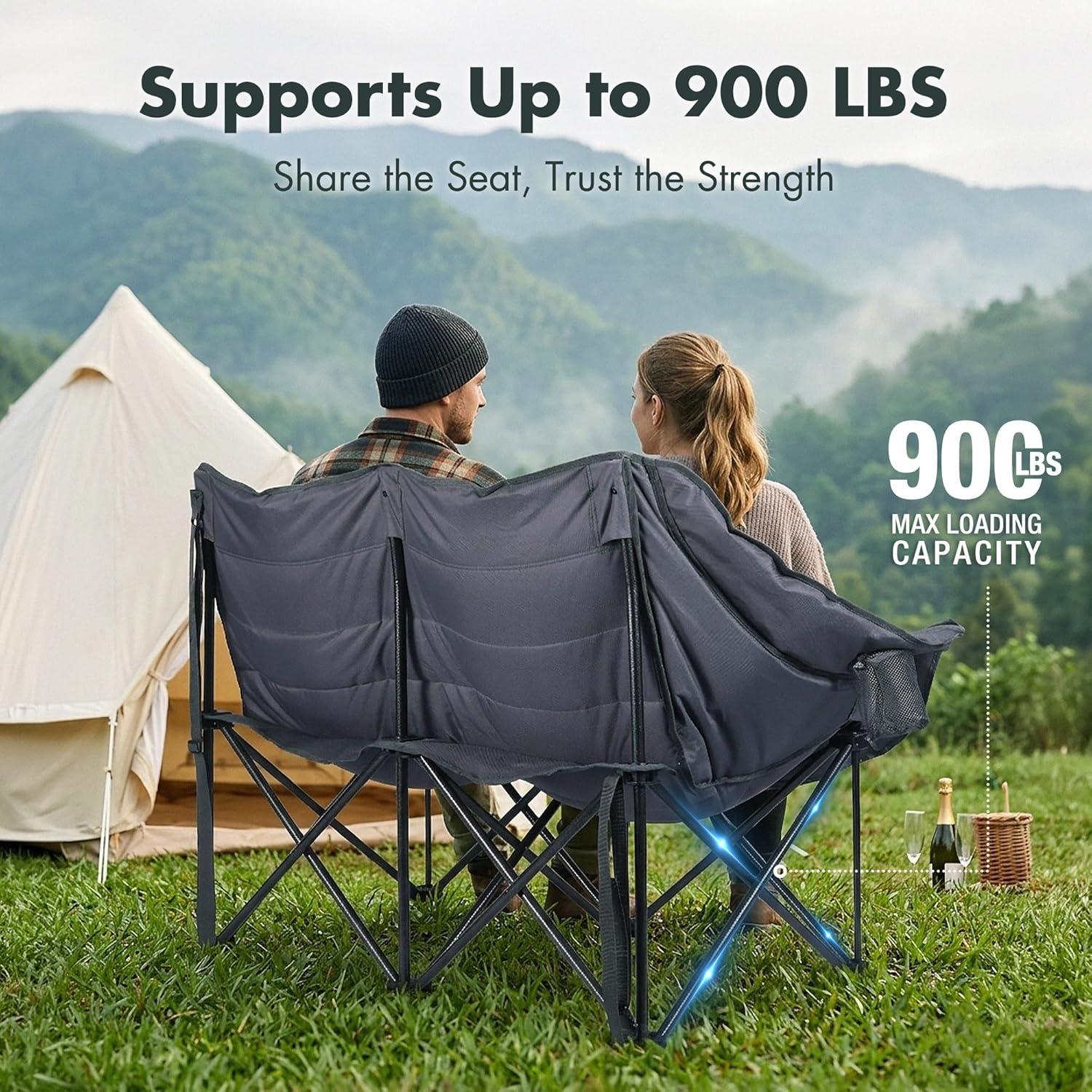 image:imageVILLEY Double Camping Chair wCooler Bag Extra Wide Loveseat Heavy Duty Padded Camping Couch Portable Folding Chair wCarry Bag Steel Frame Cup Holders for Camp Lawn Picnic Sports Support 600LBSBlue