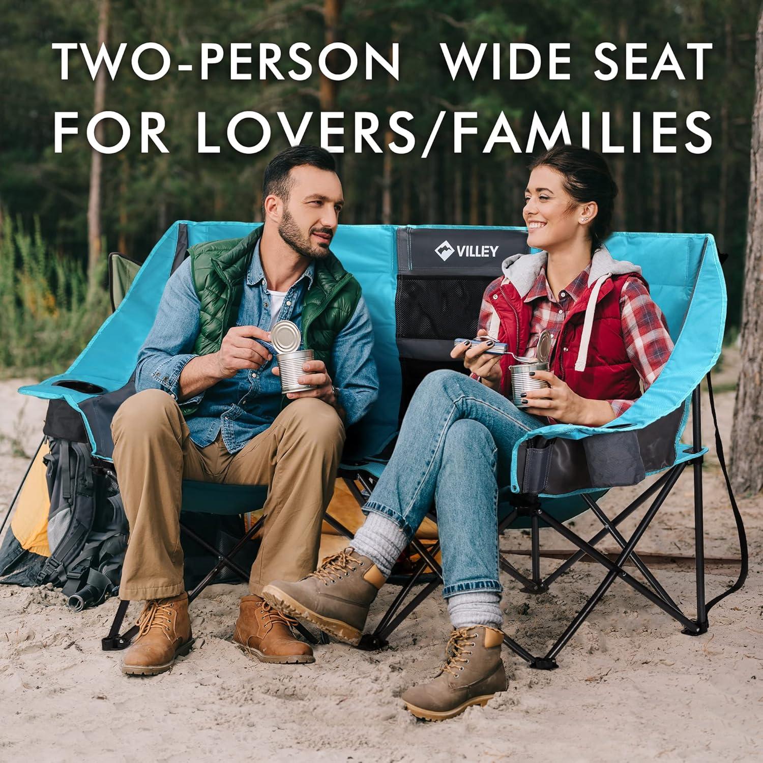 image:imageVILLEY Double Camping Chair wCooler Bag Extra Wide Loveseat Heavy Duty Padded Camping Couch Portable Folding Chair wCarry Bag Steel Frame Cup Holders for Camp Lawn Picnic Sports Support 600LBSBlue