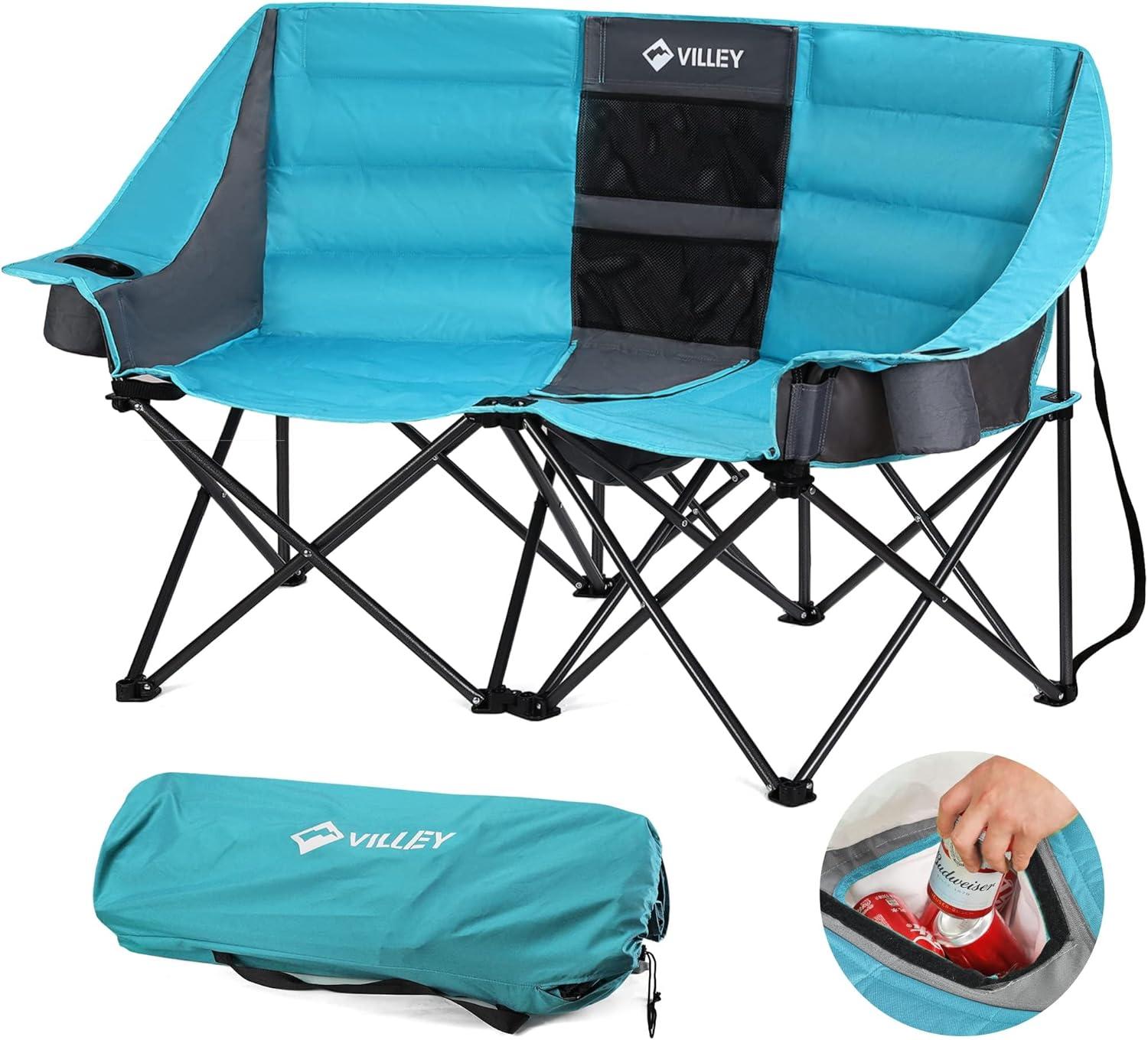 image:imageVILLEY Double Camping Chair wCooler Bag Extra Wide Loveseat Heavy Duty Padded Camping Couch Portable Folding Chair wCarry Bag Steel Frame Cup Holders for Camp Lawn Picnic Sports Support 600LBSBlue