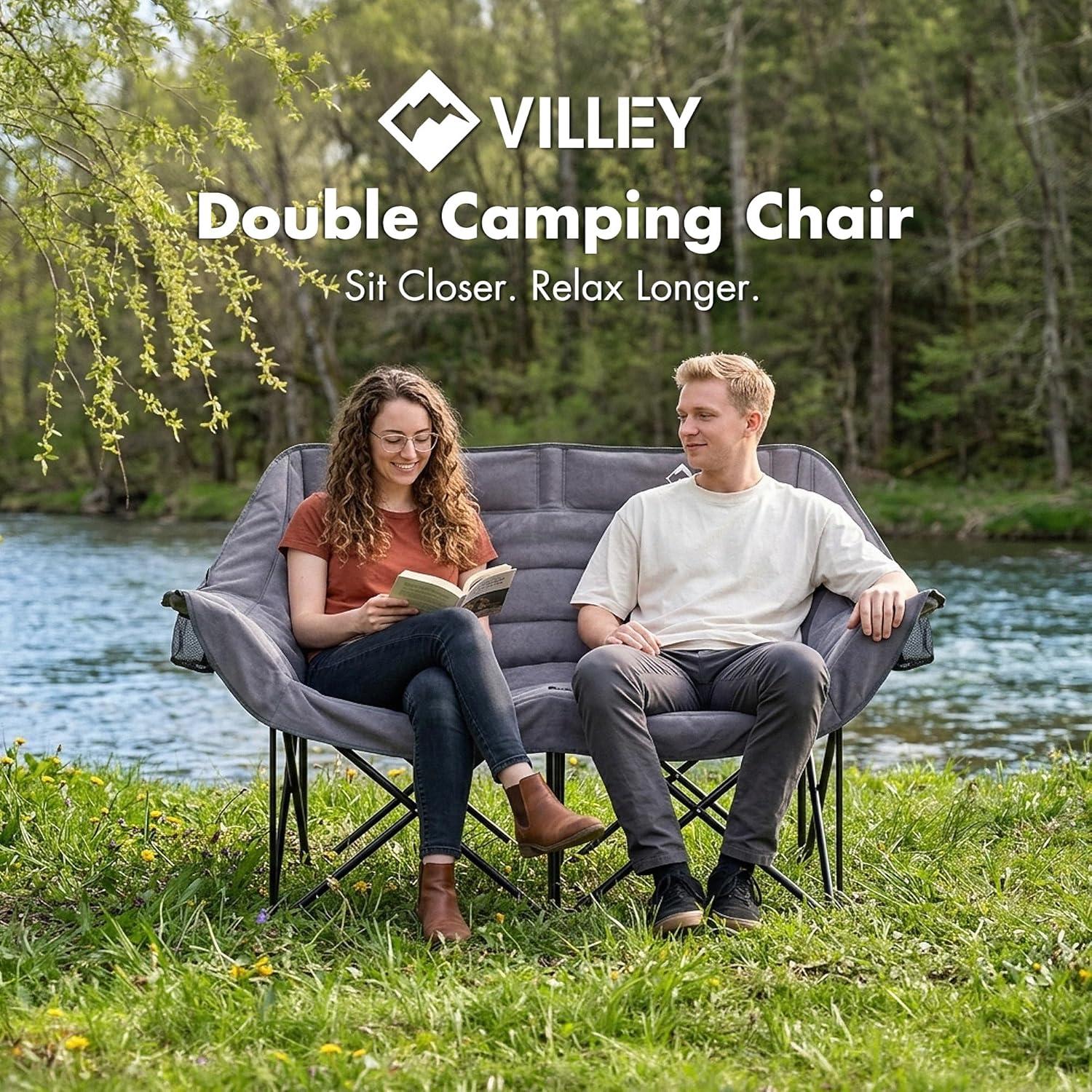 image:imageVILLEY Double Camping Chair wCooler Bag Extra Wide Loveseat Heavy Duty Padded Camping Couch Portable Folding Chair wCarry Bag Steel Frame Cup Holders for Camp Lawn Picnic Sports Support 600LBSGrey