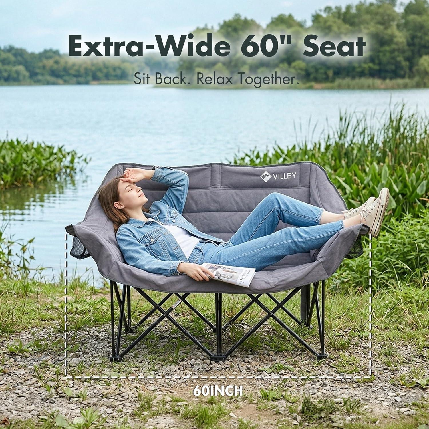 image:imageVILLEY Double Camping Chair wCooler Bag Extra Wide Loveseat Heavy Duty Padded Camping Couch Portable Folding Chair wCarry Bag Steel Frame Cup Holders for Camp Lawn Picnic Sports Support 600LBSGrey