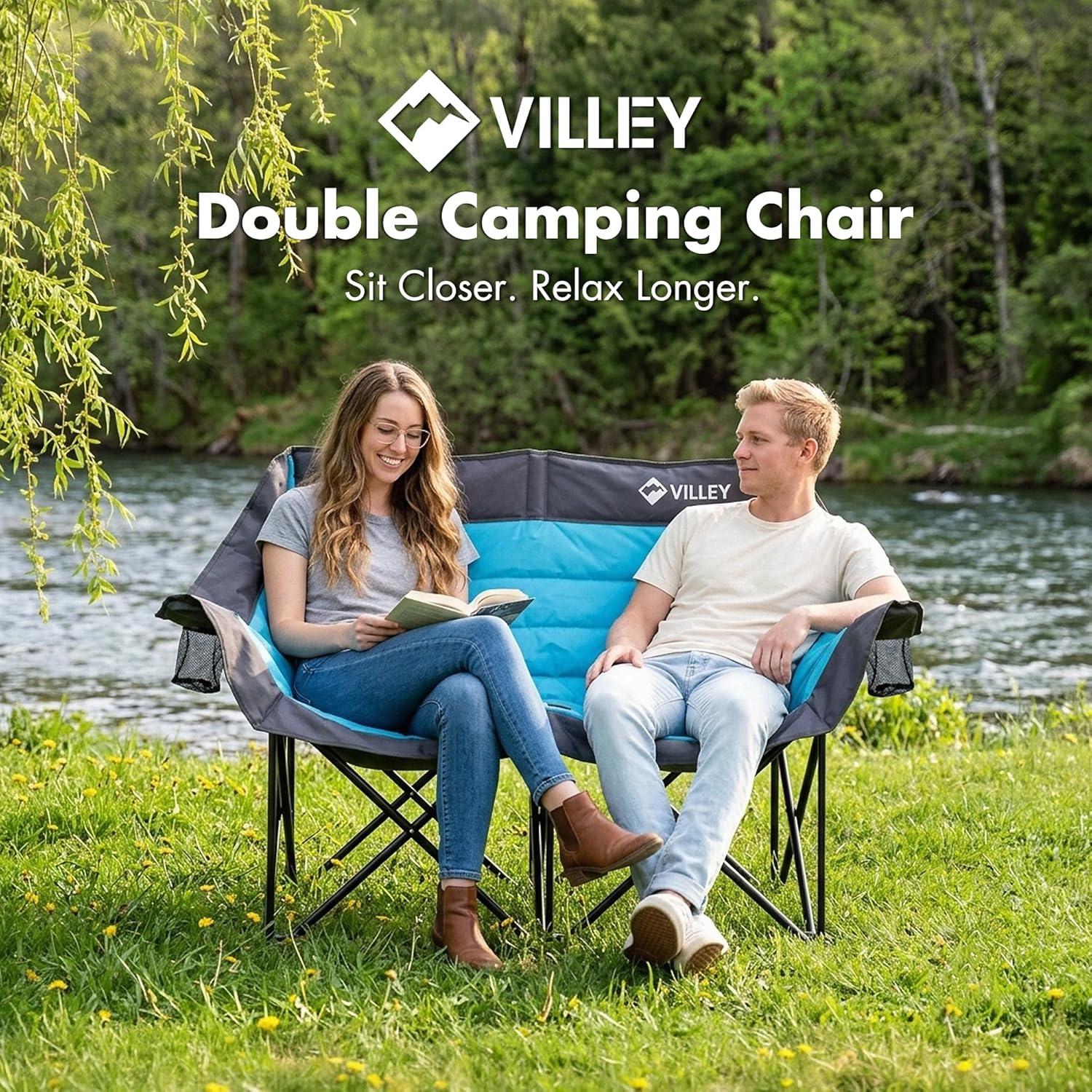 image:imageVILLEY Double Camping Chair wCooler Bag Extra Wide Loveseat Heavy Duty Padded Camping Couch Portable Folding Chair wCarry Bag Steel Frame Cup Holders for Camp Lawn Picnic Sports Support 600LBSBlue
