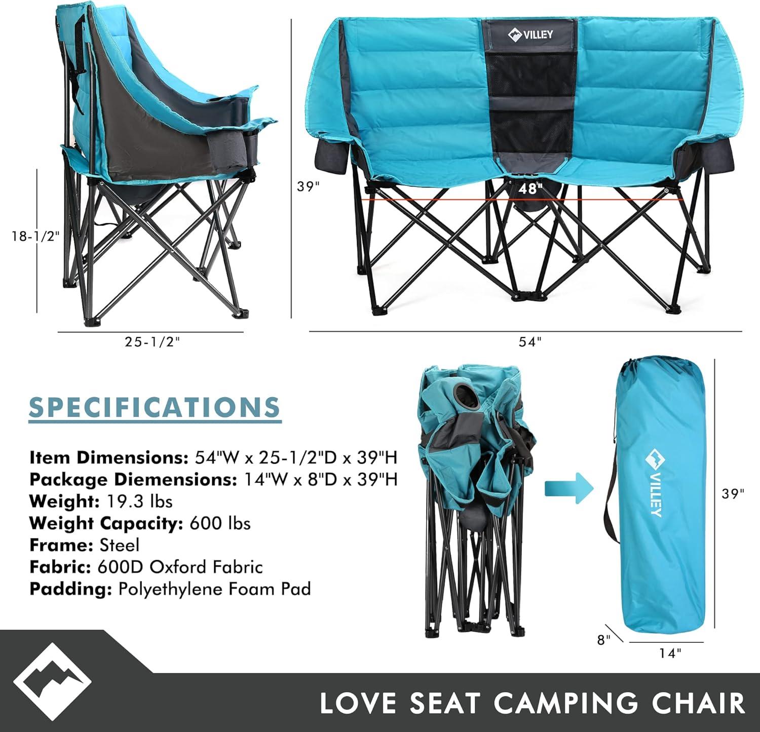 image:imageVILLEY Double Camping Chair wCooler Bag Extra Wide Loveseat Heavy Duty Padded Camping Couch Portable Folding Chair wCarry Bag Steel Frame Cup Holders for Camp Lawn Picnic Sports Support 600LBSBlue