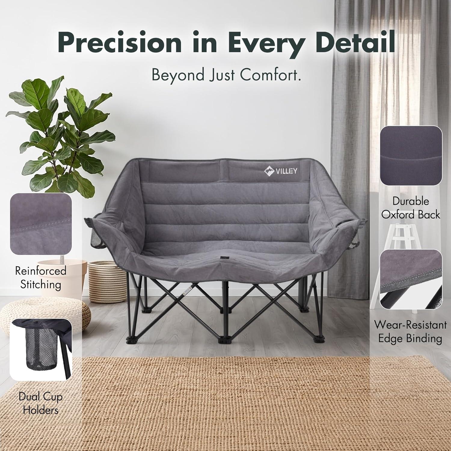 image:imageVILLEY Double Camping Chair wCooler Bag Extra Wide Loveseat Heavy Duty Padded Camping Couch Portable Folding Chair wCarry Bag Steel Frame Cup Holders for Camp Lawn Picnic Sports Support 600LBSGrey