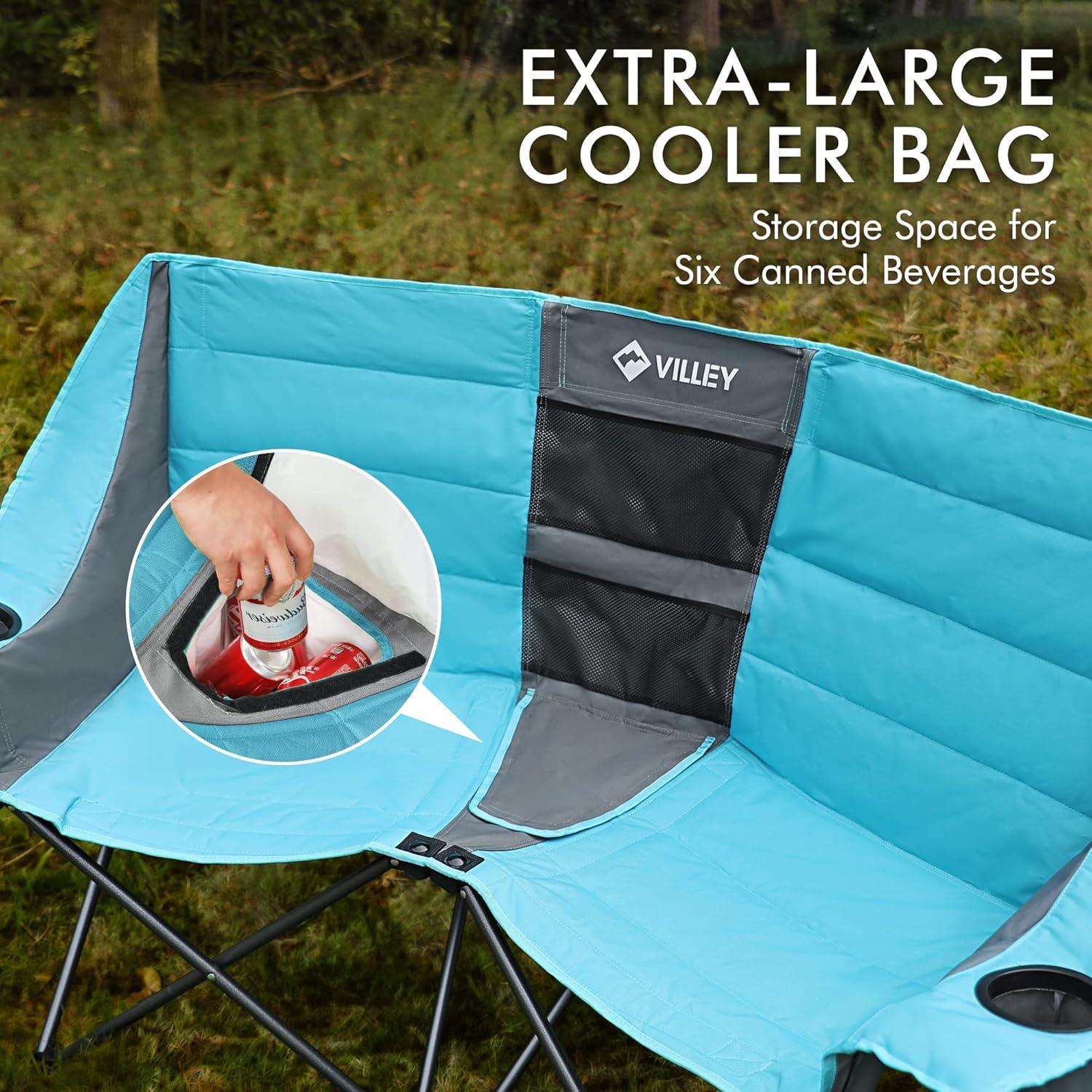 image:imageVILLEY Double Camping Chair wCooler Bag Extra Wide Loveseat Heavy Duty Padded Camping Couch Portable Folding Chair wCarry Bag Steel Frame Cup Holders for Camp Lawn Picnic Sports Support 600LBSBlue
