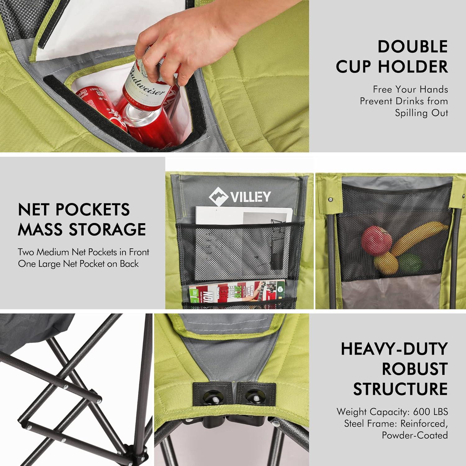 image:imageVILLEY Double Camping Chair wCooler Bag Extra Wide Loveseat Heavy Duty Padded Camping Couch Portable Folding Chair wCarry Bag Steel Frame Cup Holders for Camp Lawn Picnic Sports Support 600LBSGreen