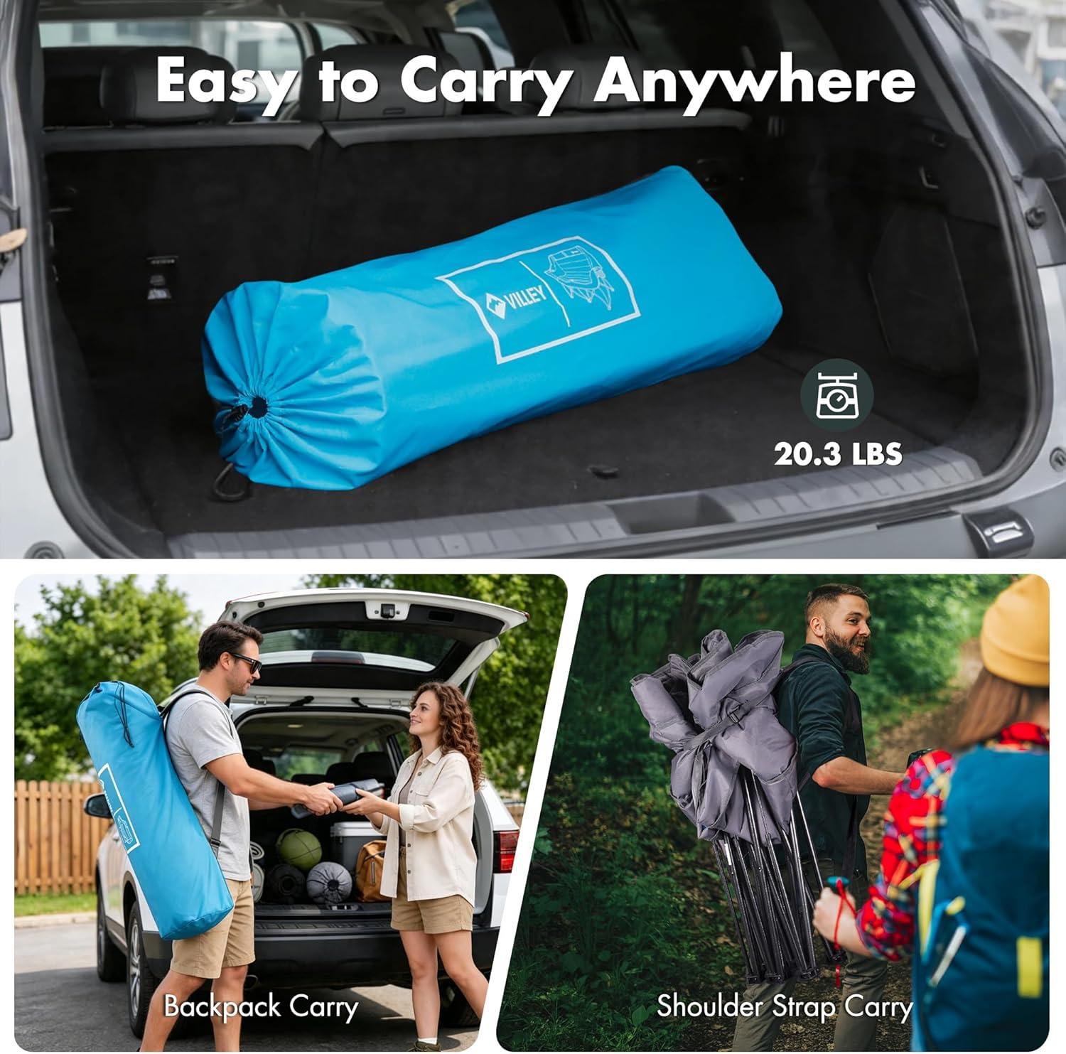 image:imageVILLEY Double Camping Chair wCooler Bag Extra Wide Loveseat Heavy Duty Padded Camping Couch Portable Folding Chair wCarry Bag Steel Frame Cup Holders for Camp Lawn Picnic Sports Support 600LBSBlue