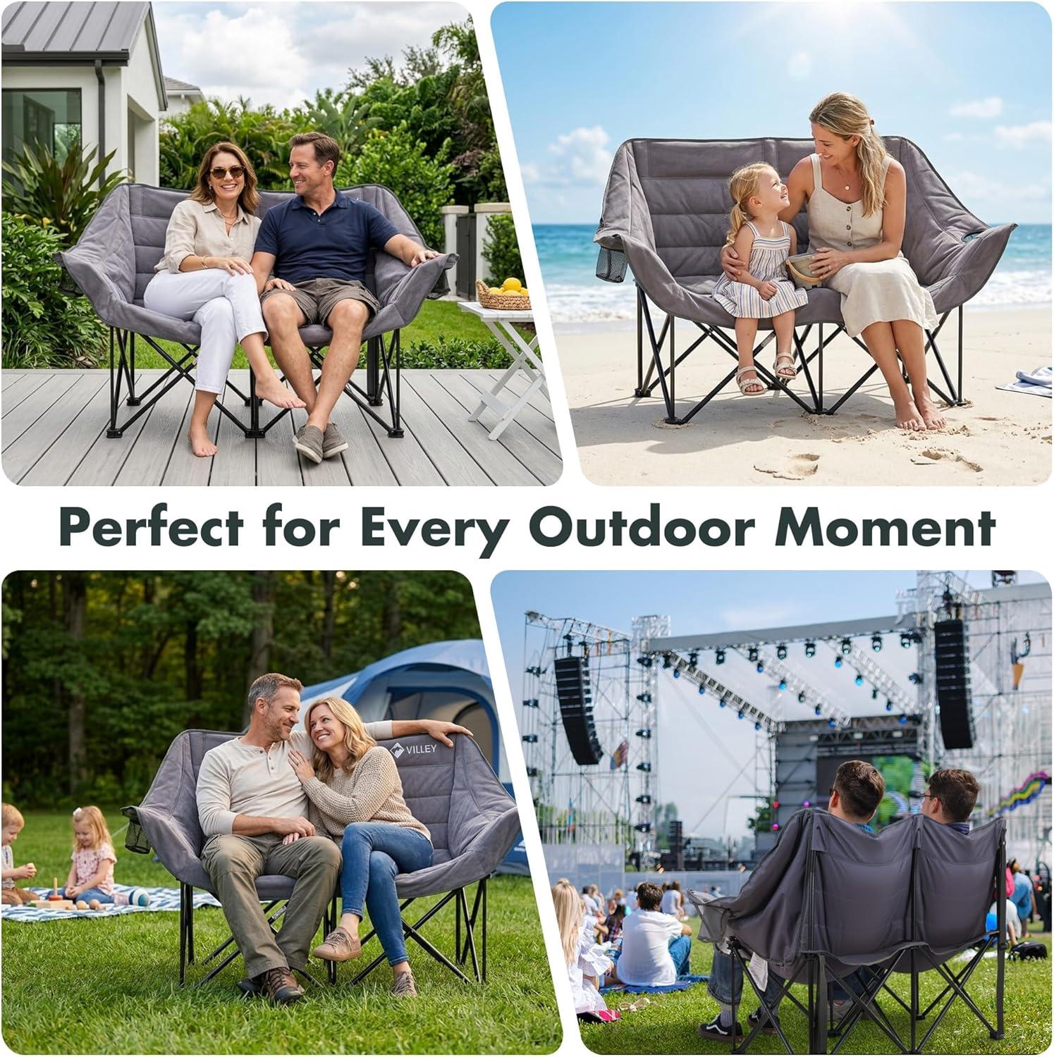 image:imageVILLEY Double Camping Chair wCooler Bag Extra Wide Loveseat Heavy Duty Padded Camping Couch Portable Folding Chair wCarry Bag Steel Frame Cup Holders for Camp Lawn Picnic Sports Support 600LBSGrey
