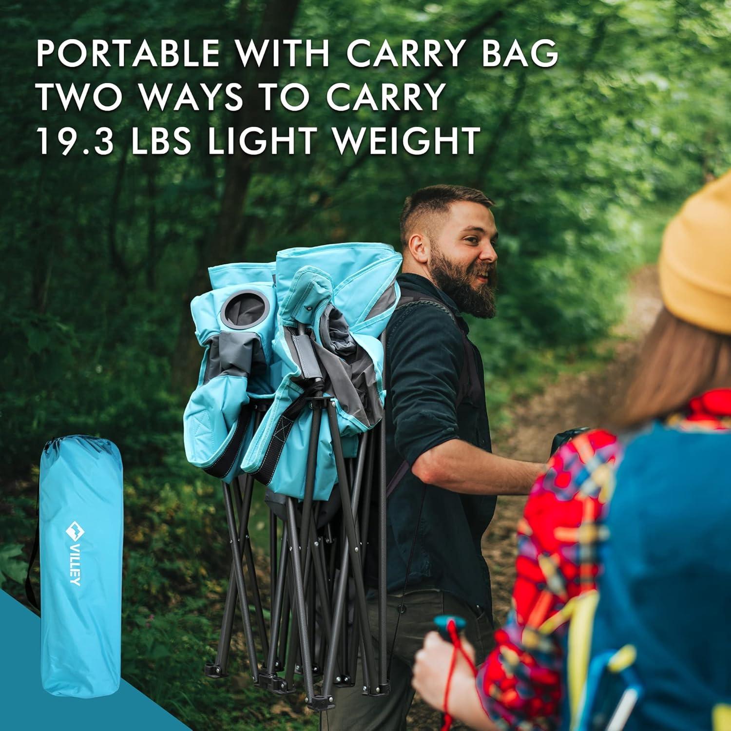 image:imageVILLEY Double Camping Chair wCooler Bag Extra Wide Loveseat Heavy Duty Padded Camping Couch Portable Folding Chair wCarry Bag Steel Frame Cup Holders for Camp Lawn Picnic Sports Support 600LBSBlue