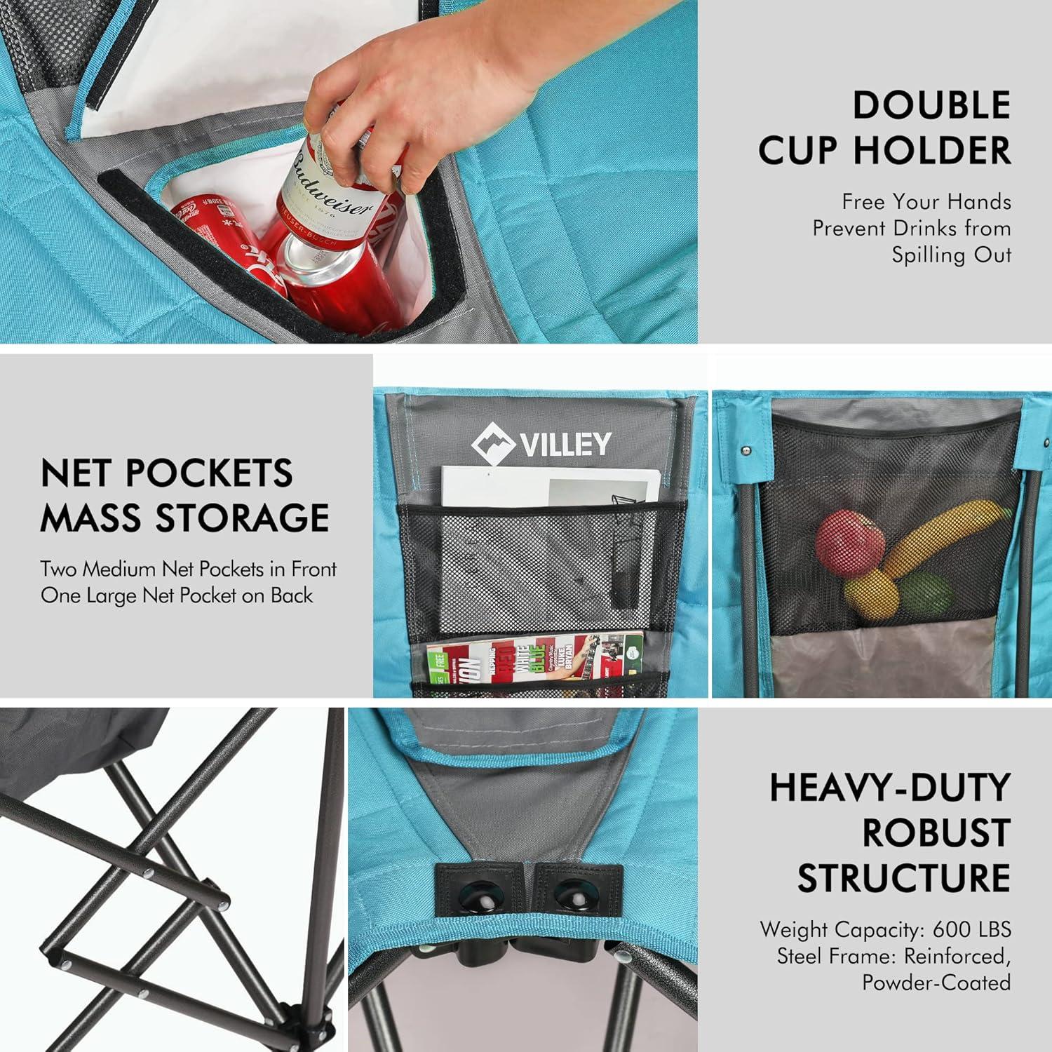 image:imageVILLEY Double Camping Chair wCooler Bag Extra Wide Loveseat Heavy Duty Padded Camping Couch Portable Folding Chair wCarry Bag Steel Frame Cup Holders for Camp Lawn Picnic Sports Support 600LBSBlue