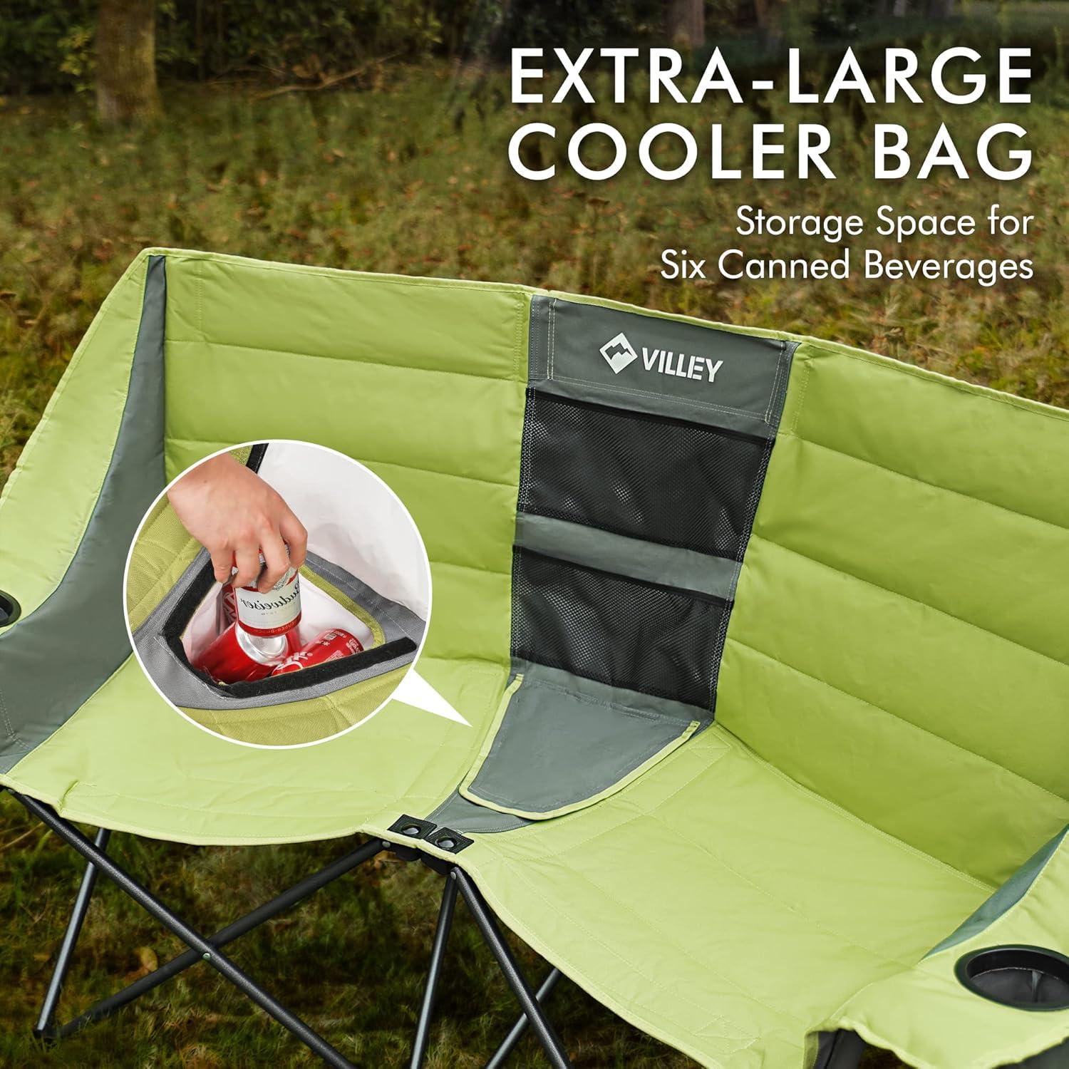 image:imageVILLEY Double Camping Chair wCooler Bag Extra Wide Loveseat Heavy Duty Padded Camping Couch Portable Folding Chair wCarry Bag Steel Frame Cup Holders for Camp Lawn Picnic Sports Support 600LBSGreen