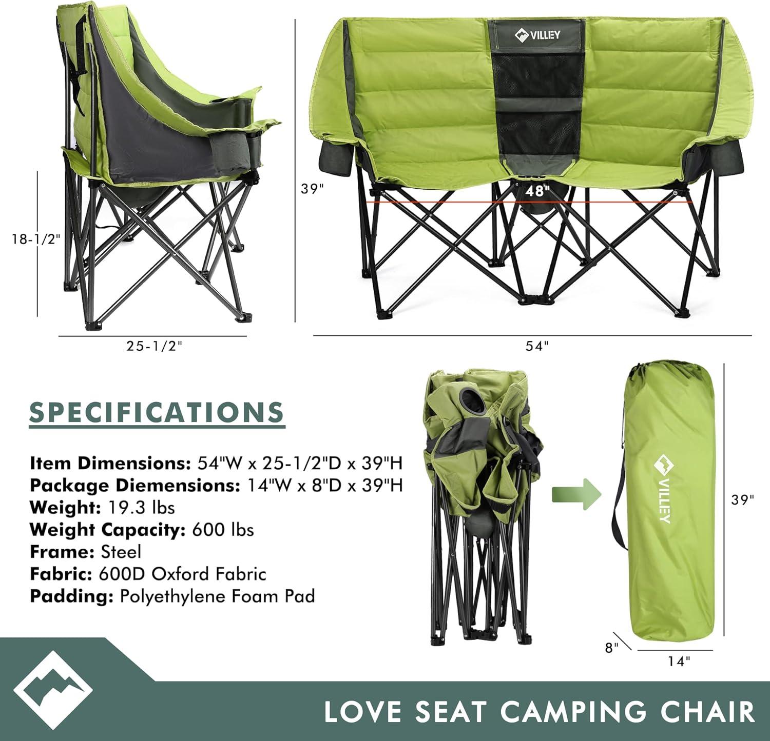image:imageVILLEY Double Camping Chair wCooler Bag Extra Wide Loveseat Heavy Duty Padded Camping Couch Portable Folding Chair wCarry Bag Steel Frame Cup Holders for Camp Lawn Picnic Sports Support 600LBSGreen