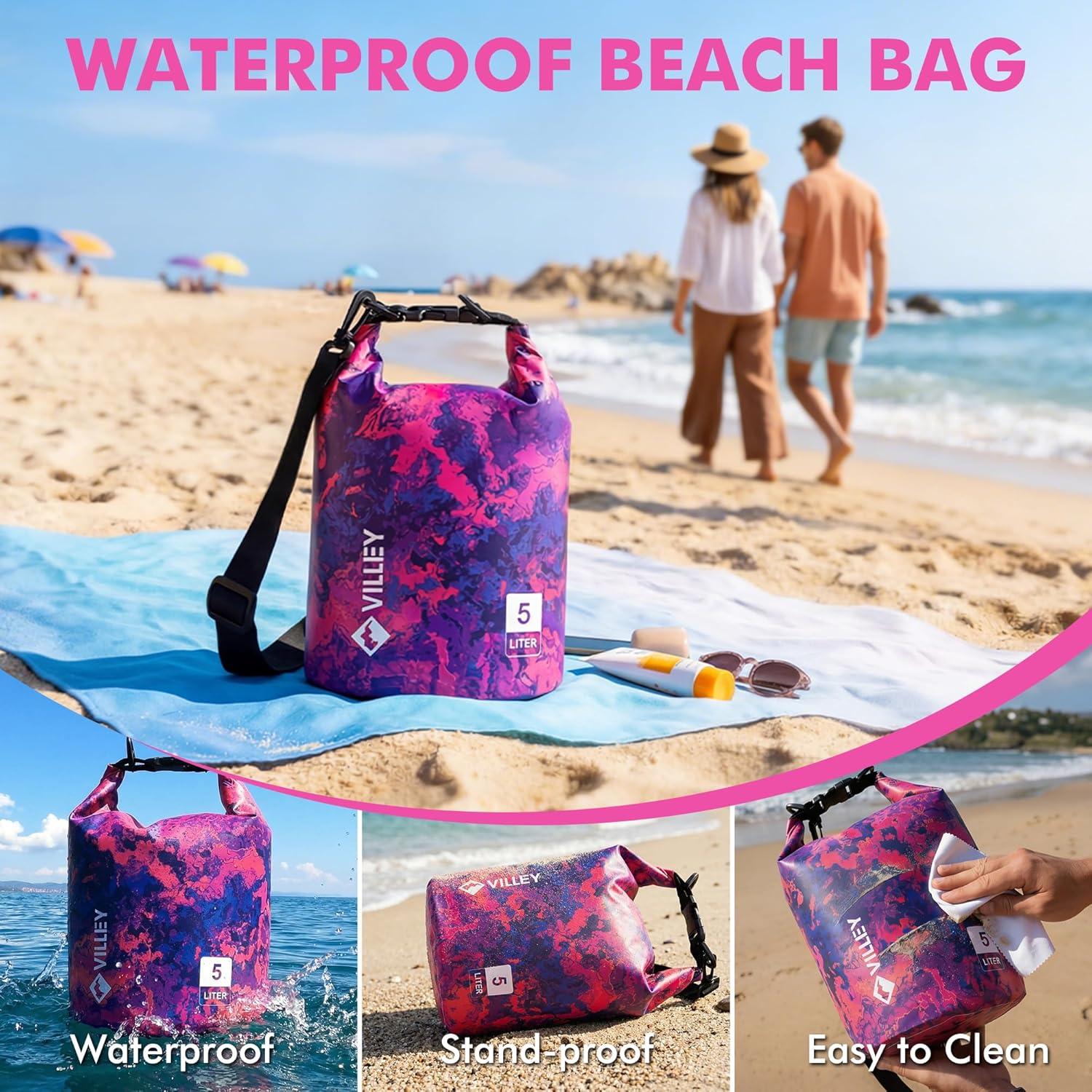 image:imageVILLEY Dry Bag Waterproof 5L Roll Top Storage Backpack Keeps Gear Dry Lightweight Backpack for Kayaking Boating Camping Swimming and Beach Accessories Purple CamoRed Camo