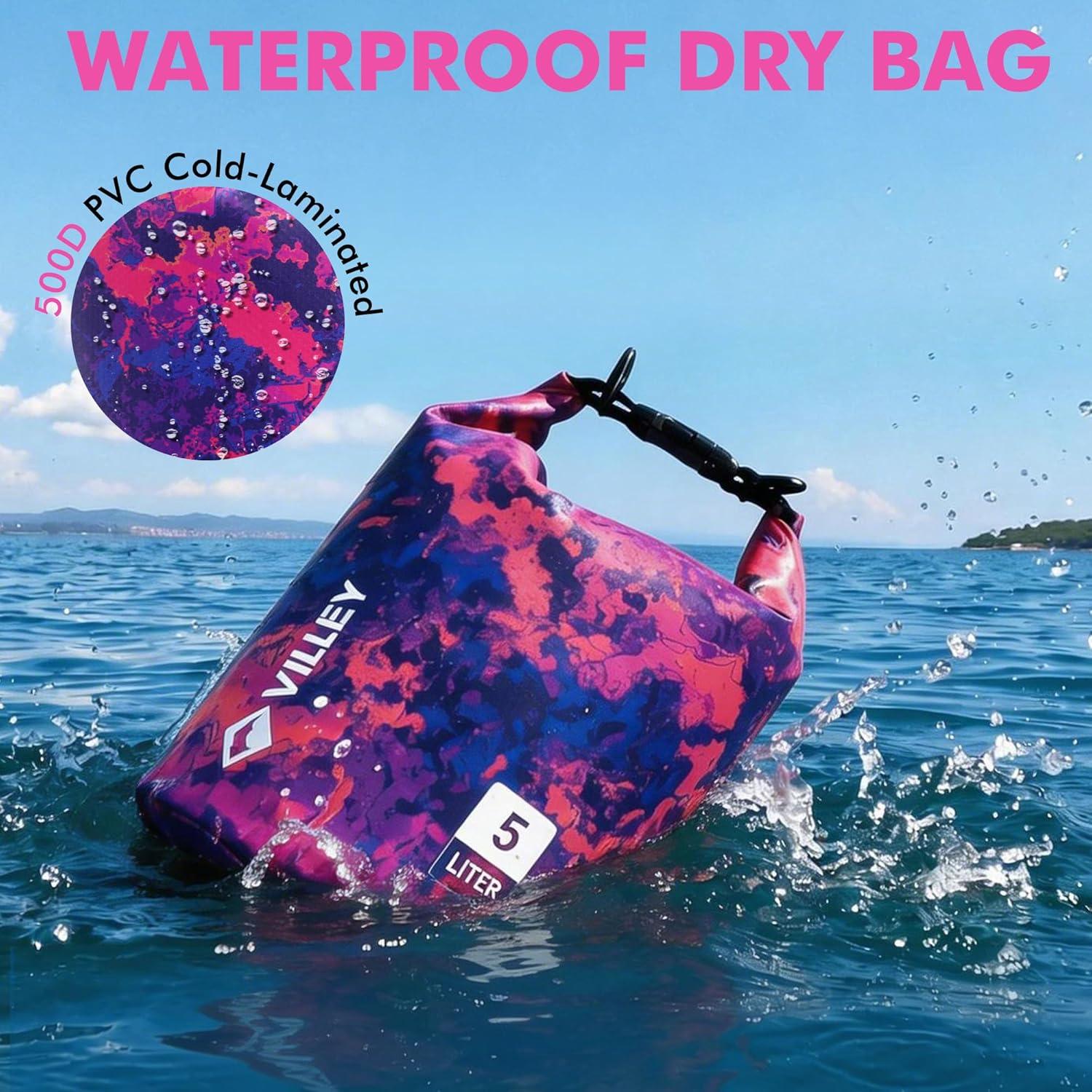 image:imageVILLEY Dry Bag Waterproof 5L Roll Top Storage Backpack Keeps Gear Dry Lightweight Backpack for Kayaking Boating Camping Swimming and Beach Accessories Purple CamoRed Camo