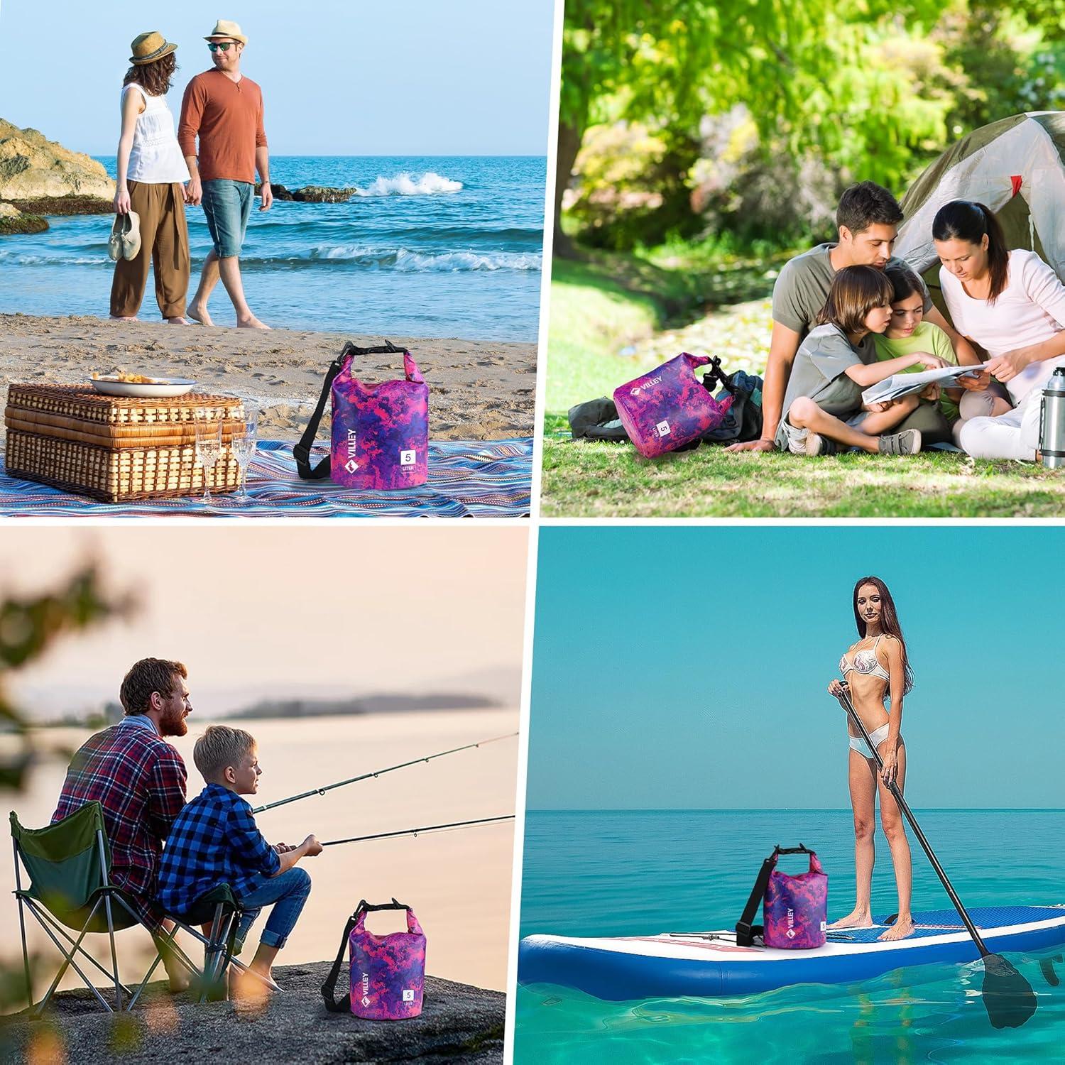 image:imageVILLEY Dry Bag Waterproof 5L Roll Top Storage Backpack Keeps Gear Dry Lightweight Backpack for Kayaking Boating Camping Swimming and Beach Accessories Purple CamoRed Camo