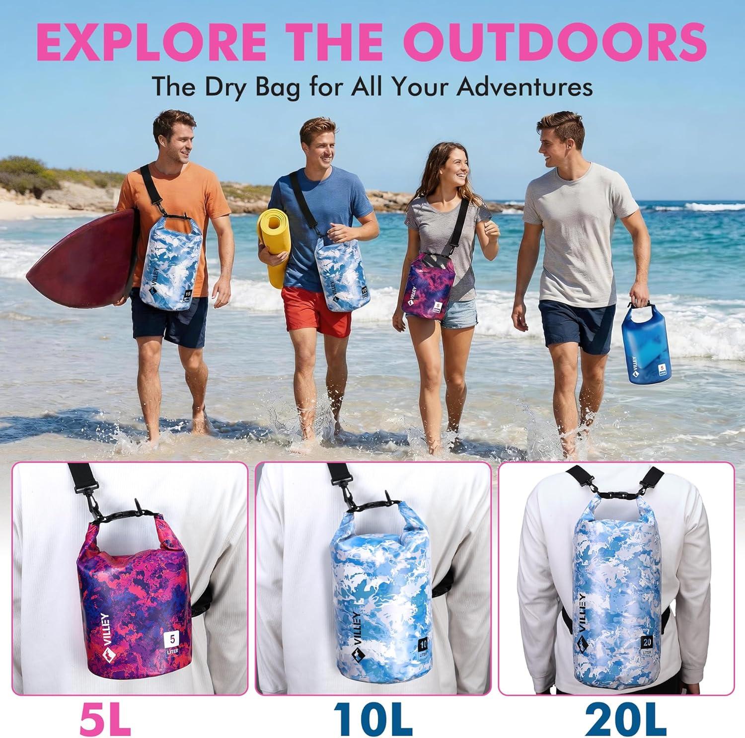 image:imageVILLEY Dry Bag Waterproof 5L Roll Top Storage Backpack Keeps Gear Dry Lightweight Backpack for Kayaking Boating Camping Swimming and Beach Accessories Purple CamoRed Camo