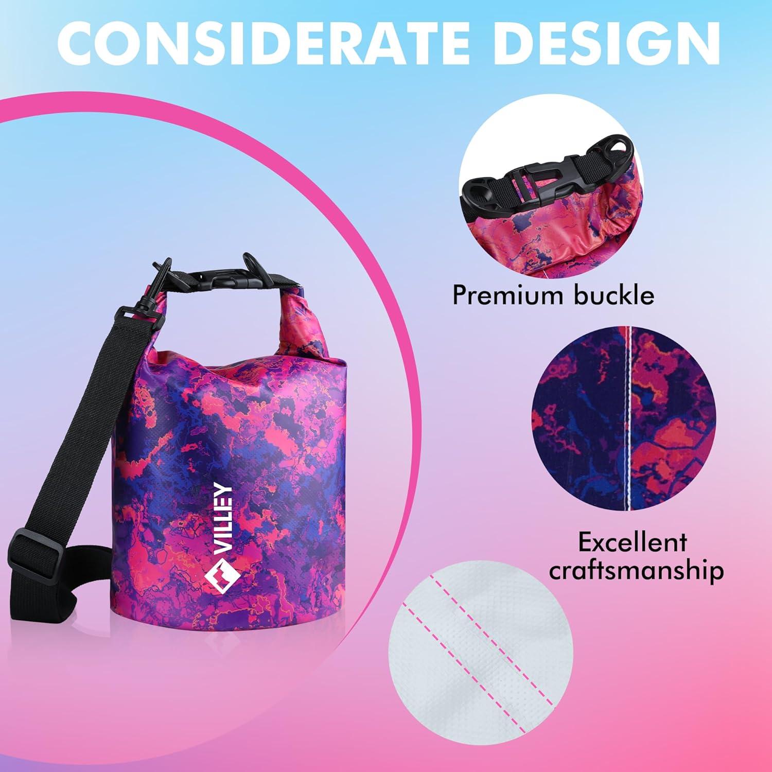 image:imageVILLEY Dry Bag Waterproof 5L Roll Top Storage Backpack Keeps Gear Dry Lightweight Backpack for Kayaking Boating Camping Swimming and Beach Accessories Purple CamoRed Camo