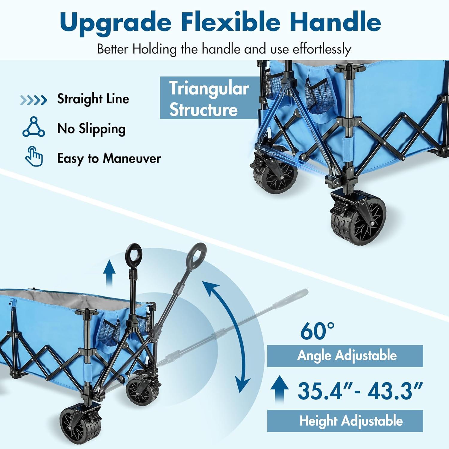 image:imageVILLEY Extended Collapsible Foldable Wagon with 330LBS Weight Capacity 220L Heavy Duty Folding Utility Garden Cart with Big AllTerrain Beach Wheels with Brake amp Drink Holders BlueBlue
