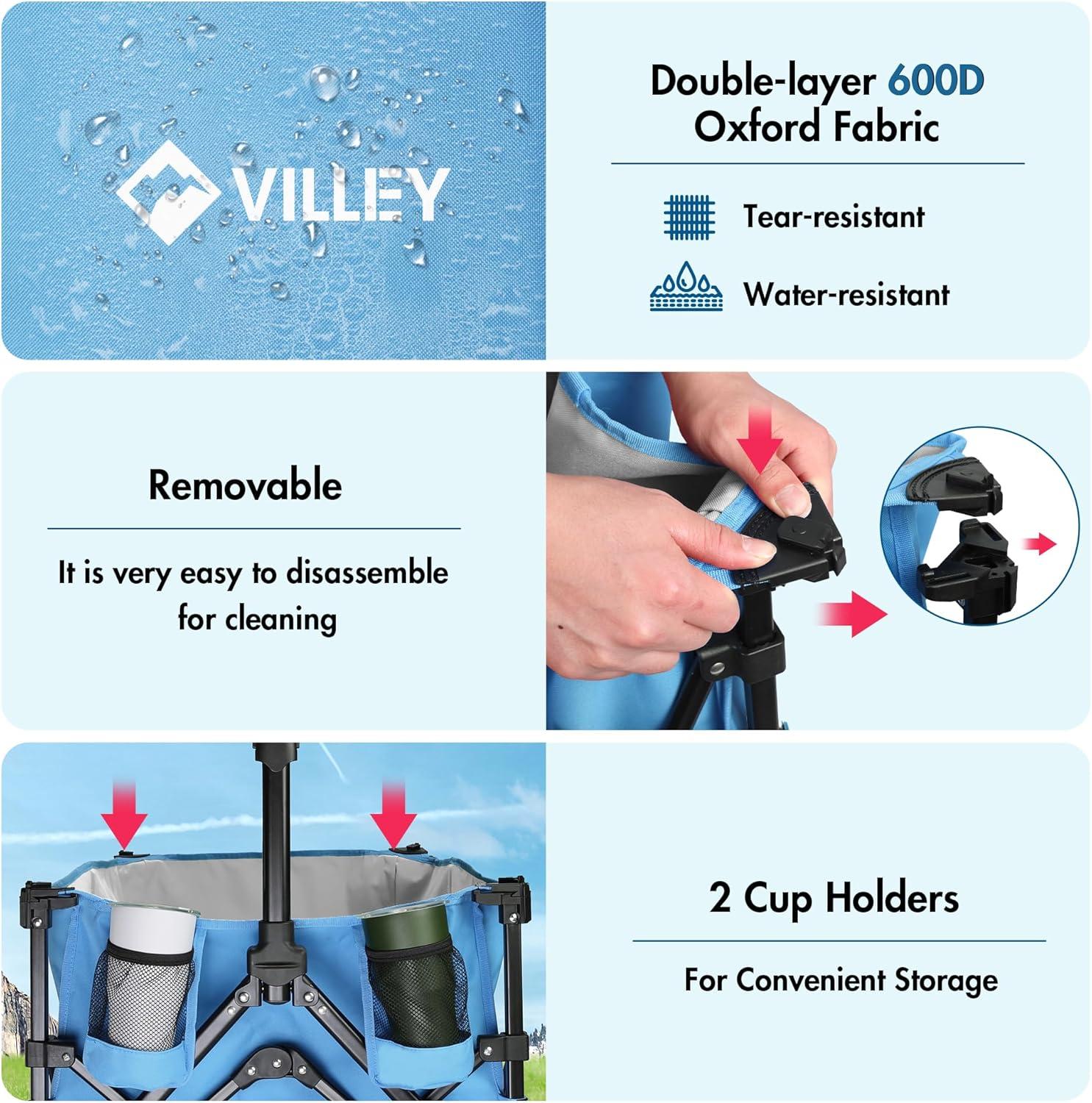 image:imageVILLEY Extended Collapsible Foldable Wagon with 330LBS Weight Capacity 220L Heavy Duty Folding Utility Garden Cart with Big AllTerrain Beach Wheels with Brake amp Drink Holders BlueBlue