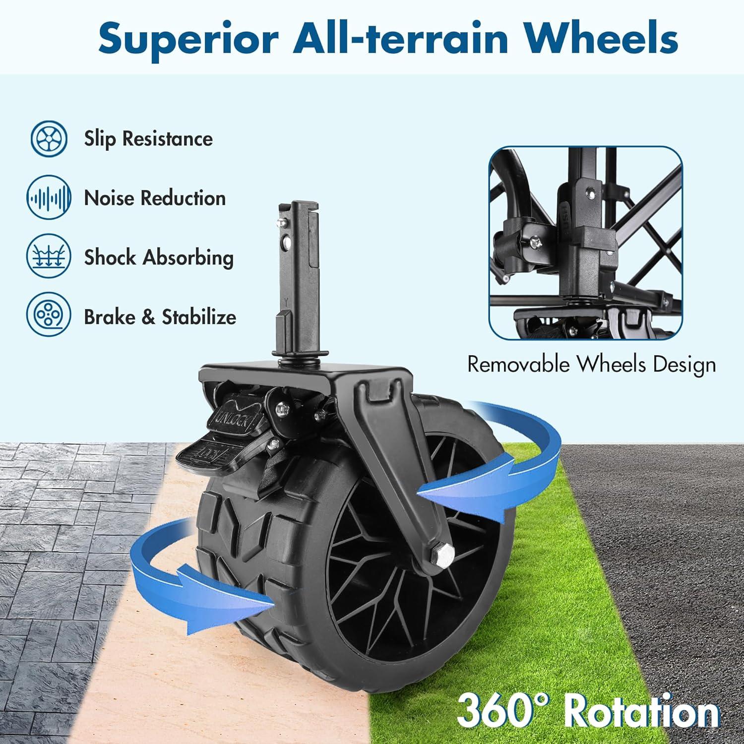 image:imageVILLEY Extended Collapsible Foldable Wagon with 330LBS Weight Capacity 220L Heavy Duty Folding Utility Garden Cart with Big AllTerrain Beach Wheels with Brake amp Drink Holders BlueBlue