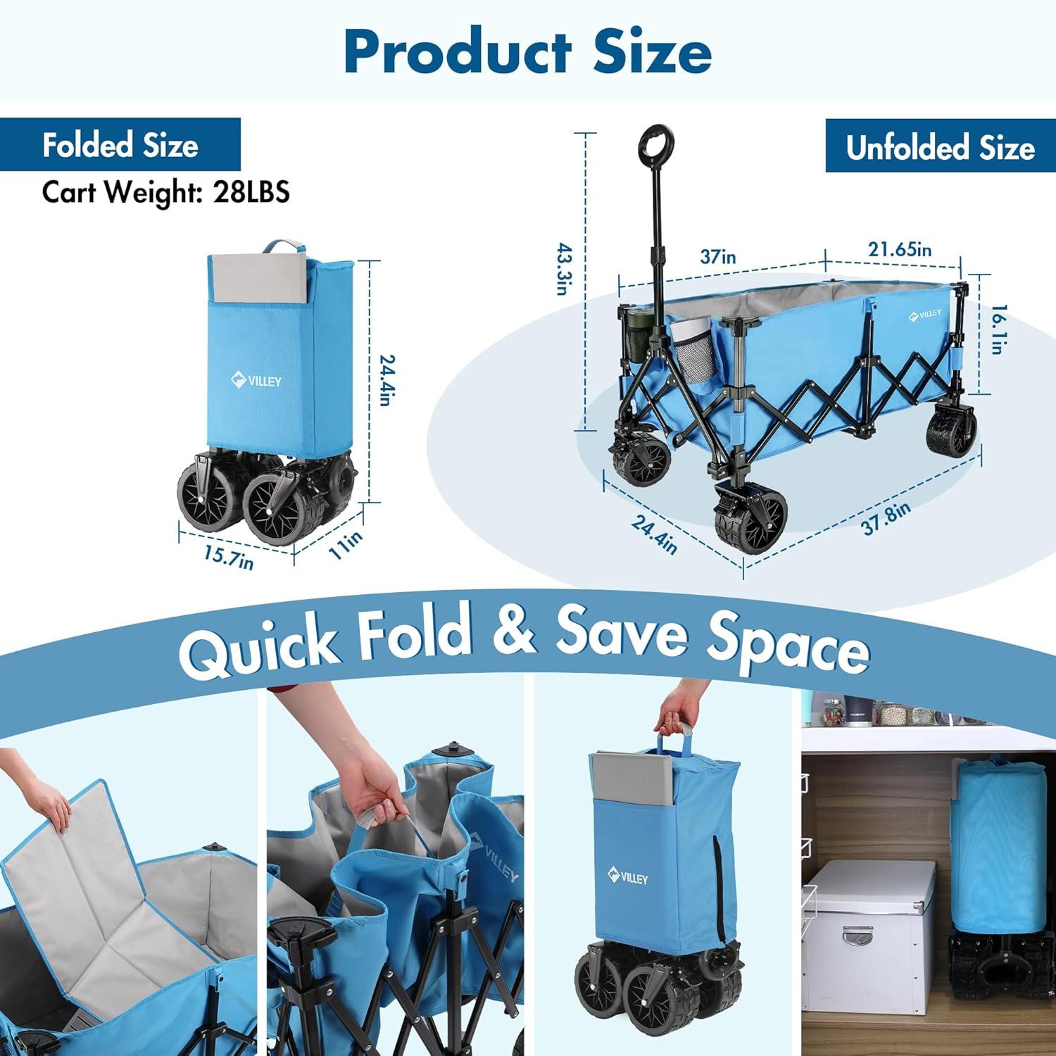 image:imageVILLEY Extended Collapsible Foldable Wagon with 330LBS Weight Capacity 220L Heavy Duty Folding Utility Garden Cart with Big AllTerrain Beach Wheels with Brake amp Drink Holders BlueBlue