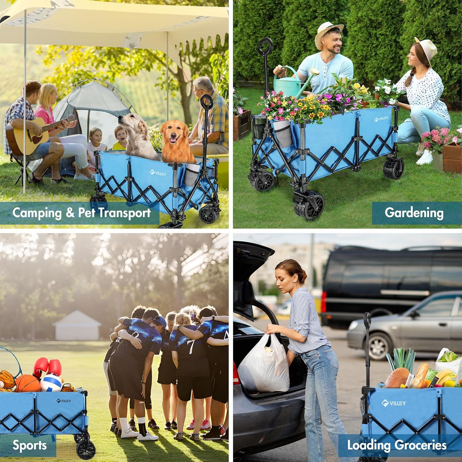 image:imageVILLEY Extended Collapsible Foldable Wagon with 330LBS Weight Capacity 220L Heavy Duty Folding Utility Garden Cart with Big AllTerrain Beach Wheels with Brake amp Drink Holders BlueBlue