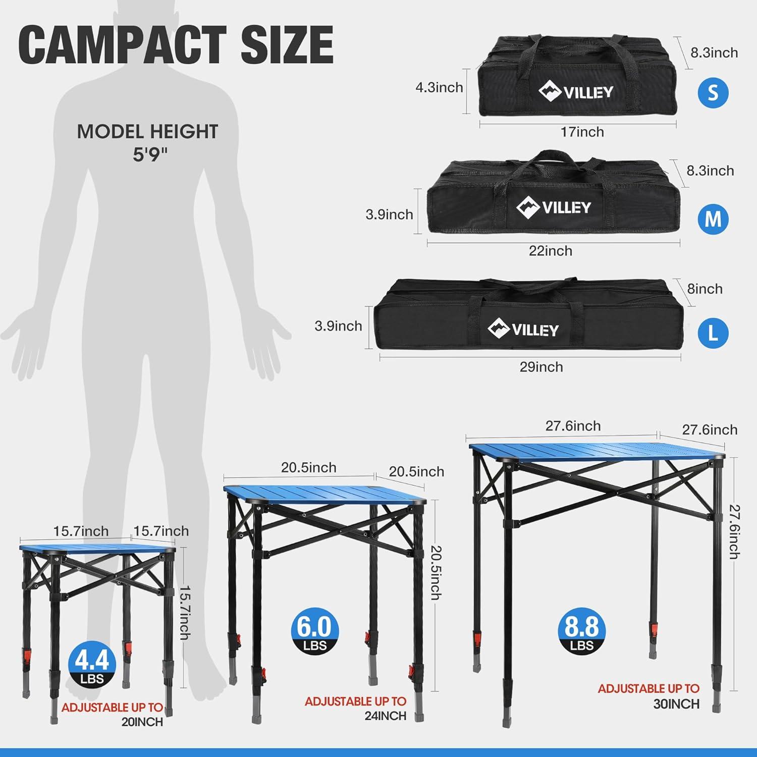 image:imageVILLEY Folding Camping Square Table with Carry Bag Lightweight Aluminum Adjustable Square Table for Outdoor Camping Picnic Backyards BBQ SmallBlue