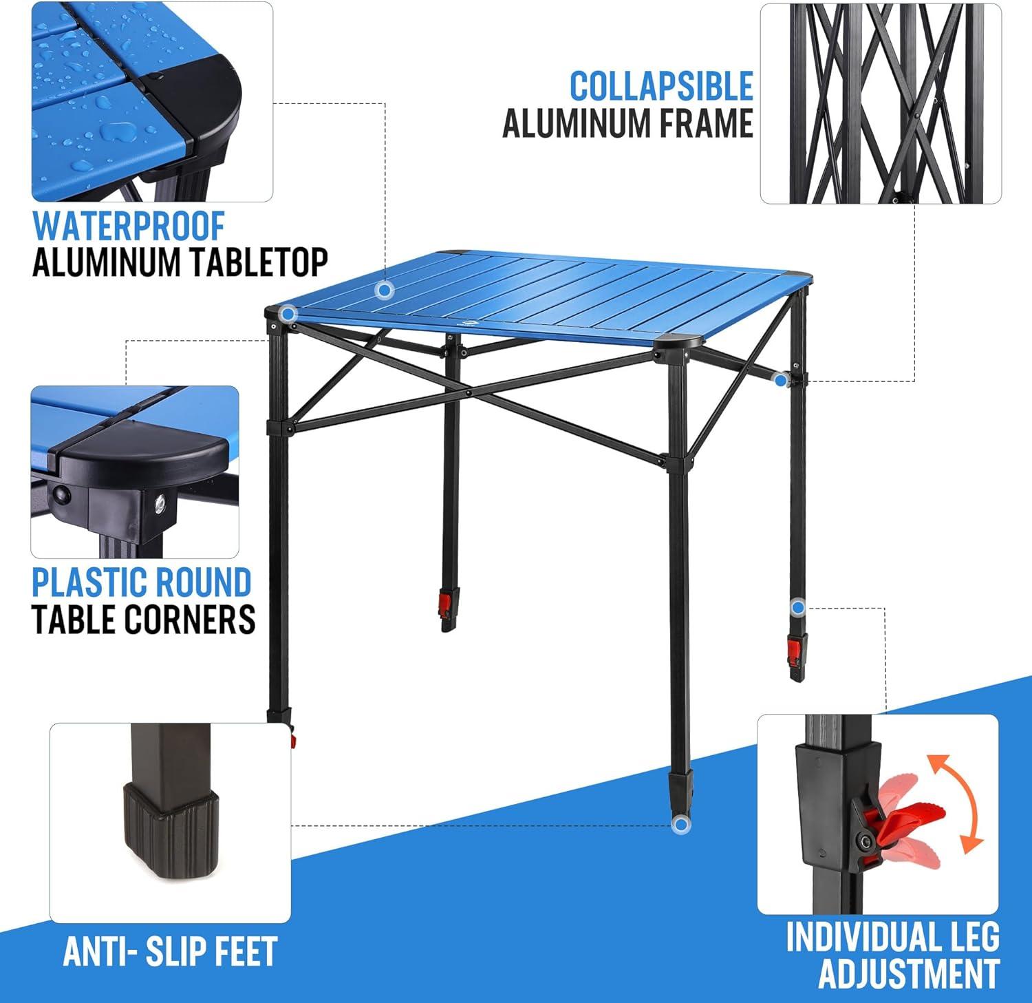 image:imageVILLEY Folding Camping Square Table with Carry Bag Lightweight Aluminum Adjustable Square Table for Outdoor Camping Picnic Backyards BBQ SmallBlue