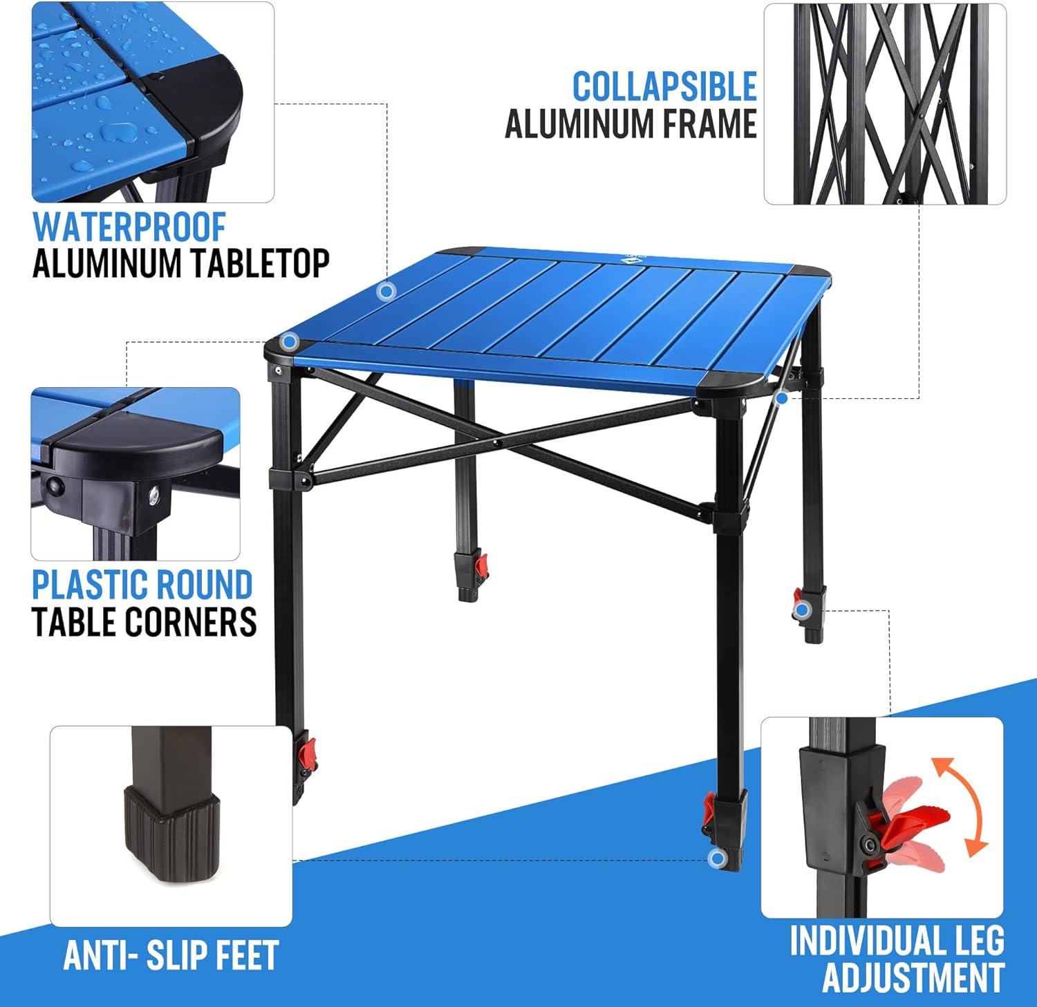 image:imageVILLEY Folding Camping Square Table with Carry Bag Lightweight Aluminum Adjustable Square Table for Outdoor Camping Picnic Backyards BBQ SmallBlue