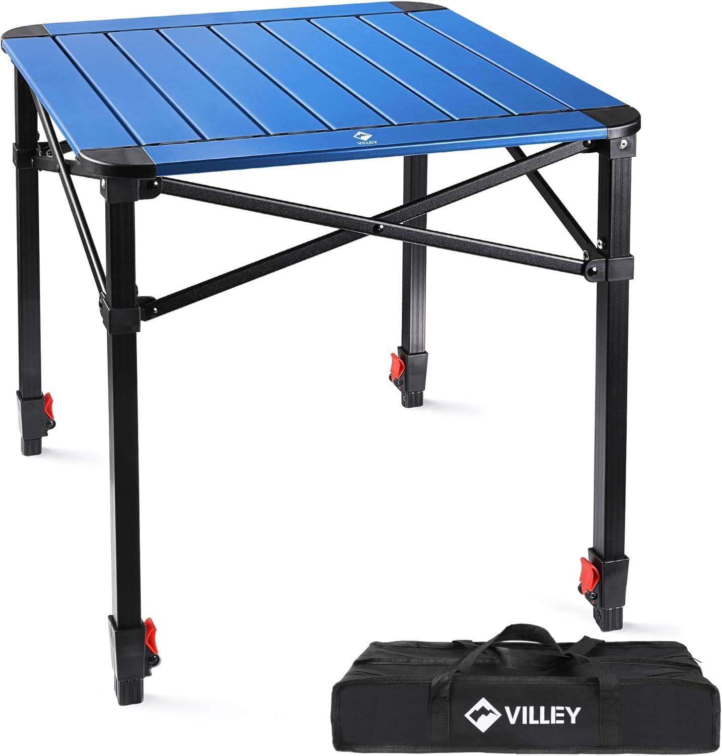 image:imageVILLEY Folding Camping Square Table with Carry Bag Lightweight Aluminum Adjustable Square Table for Outdoor Camping Picnic Backyards BBQ SmallBlue