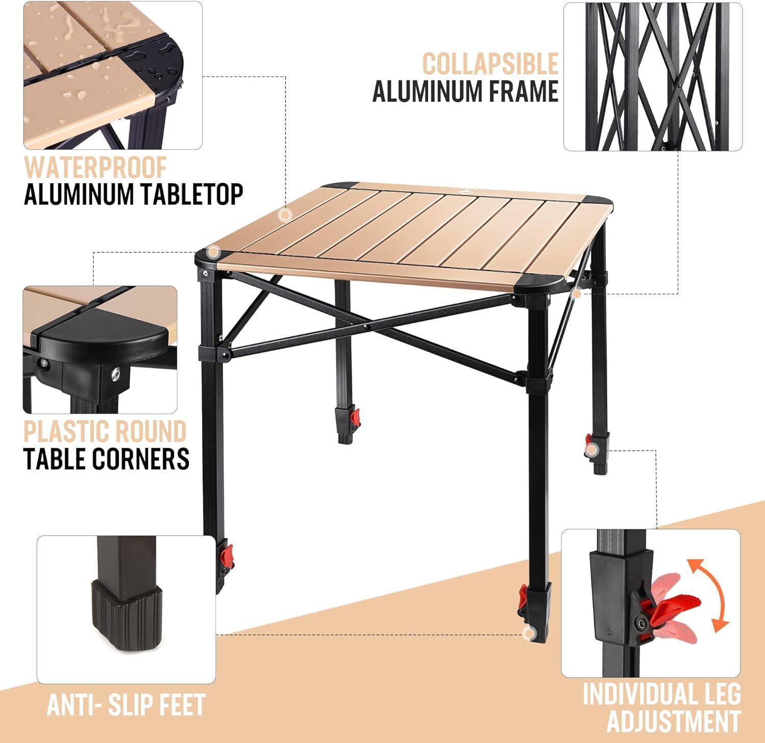 image:imageVILLEY Folding Camping Square Table with Carry Bag Lightweight Aluminum Adjustable Square Table for Outdoor Camping Picnic Backyards BBQ SmallGold