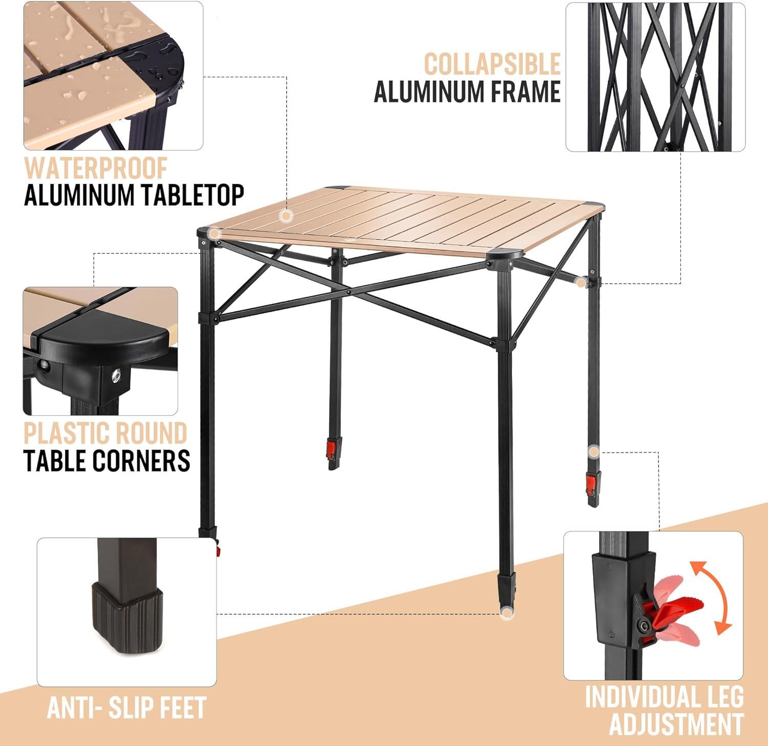 image:imageVILLEY Folding Camping Square Table with Carry Bag Lightweight Aluminum Adjustable Square Table for Outdoor Camping Picnic Backyards BBQ SmallGold