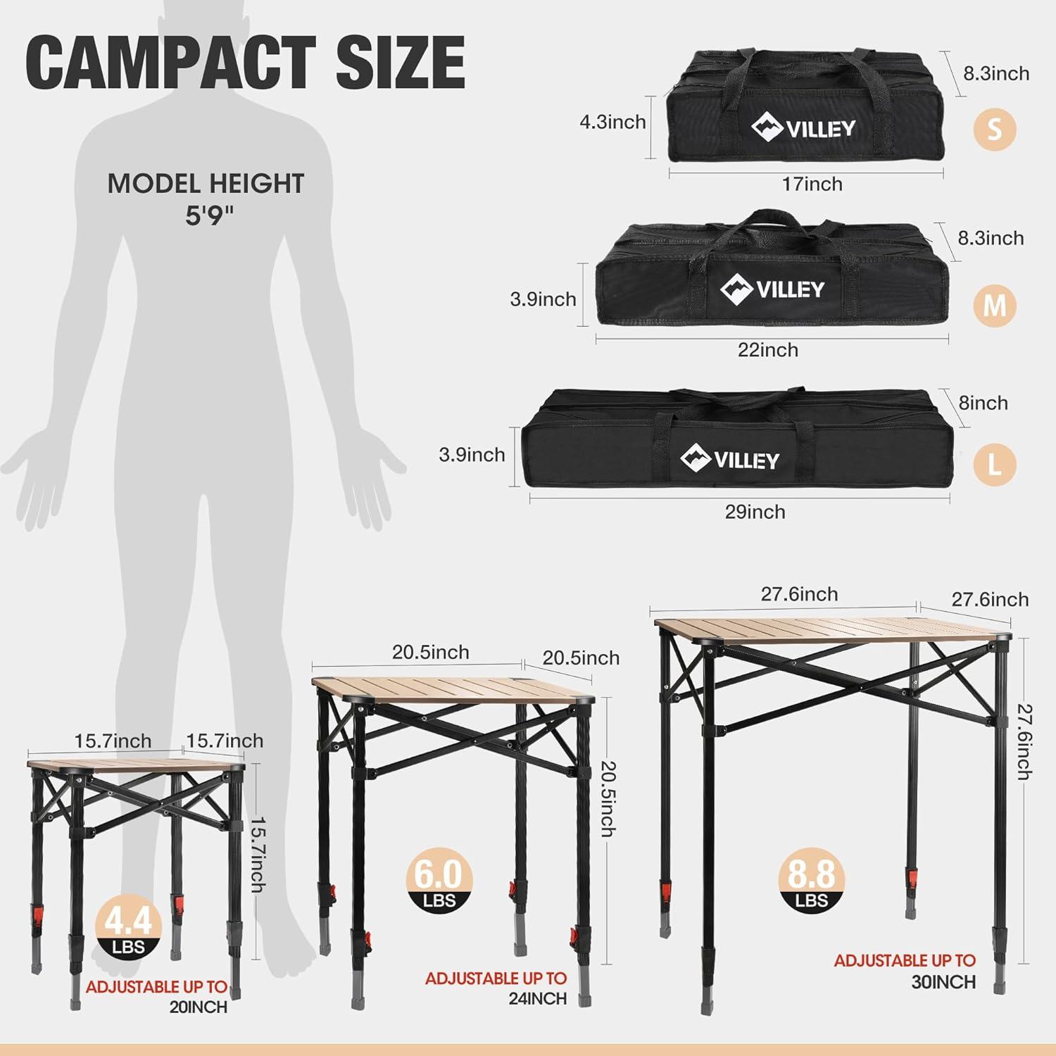 image:imageVILLEY Folding Camping Square Table with Carry Bag Lightweight Aluminum Adjustable Square Table for Outdoor Camping Picnic Backyards BBQ SmallGold