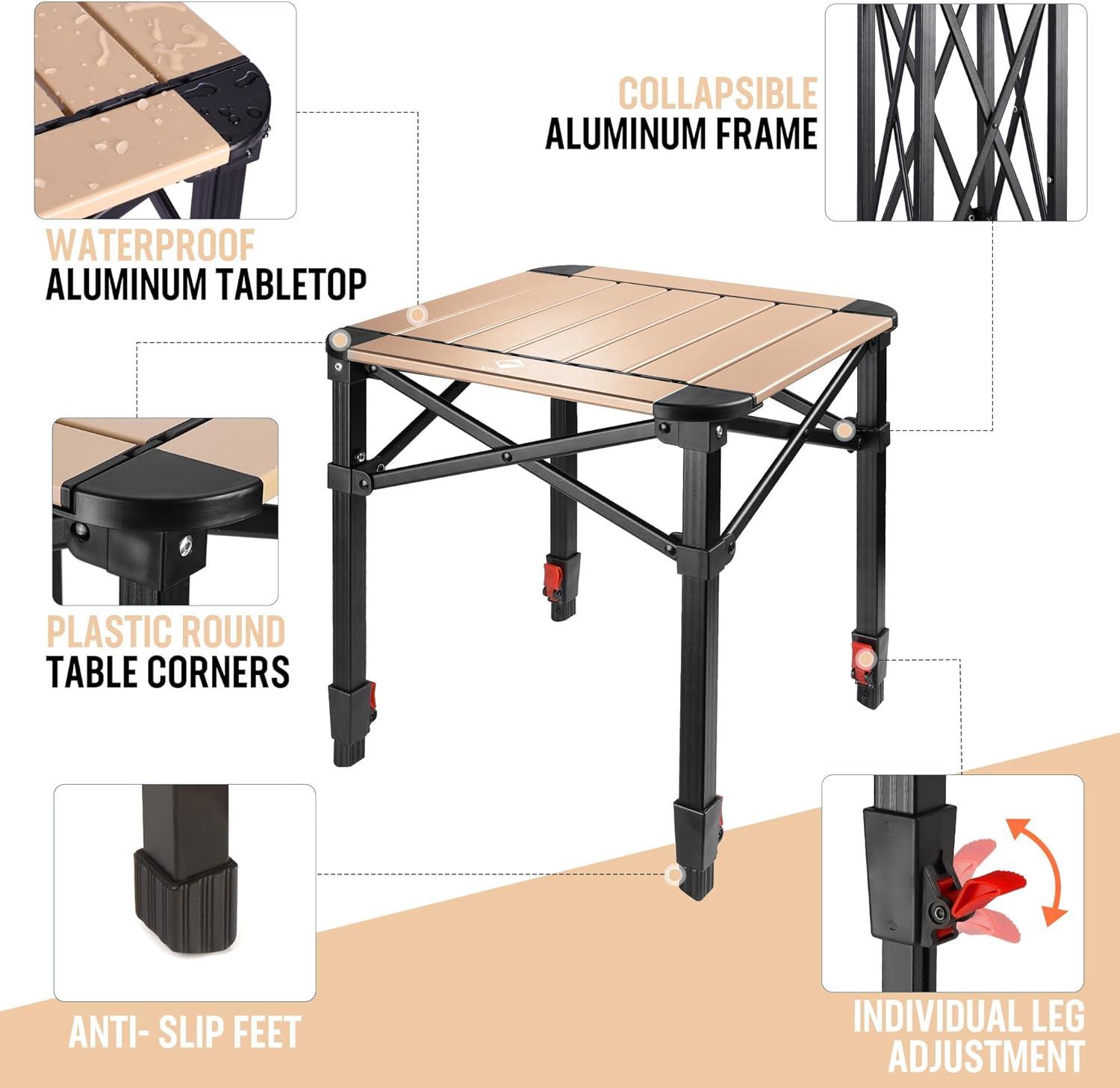 image:imageVILLEY Folding Camping Square Table with Carry Bag Lightweight Aluminum Adjustable Square Table for Outdoor Camping Picnic Backyards BBQ SmallGold